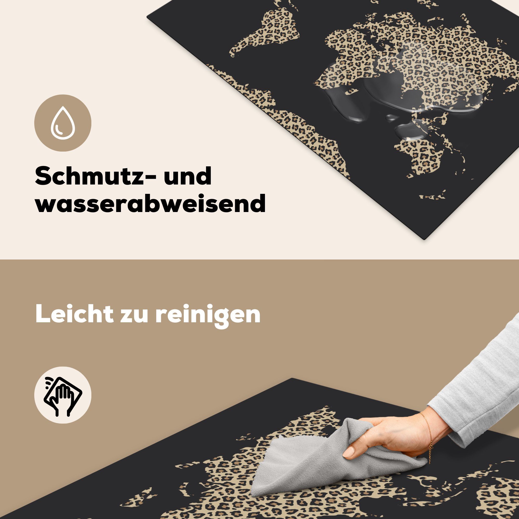 MuchoWow Herdblende-/Abdeckplatte Weltkarte - Tiermotiv Leopard, Induktionskochfeld küche, Schutz cm, tlg), die (1 81x52 - für Vinyl, Ceranfeldabdeckung