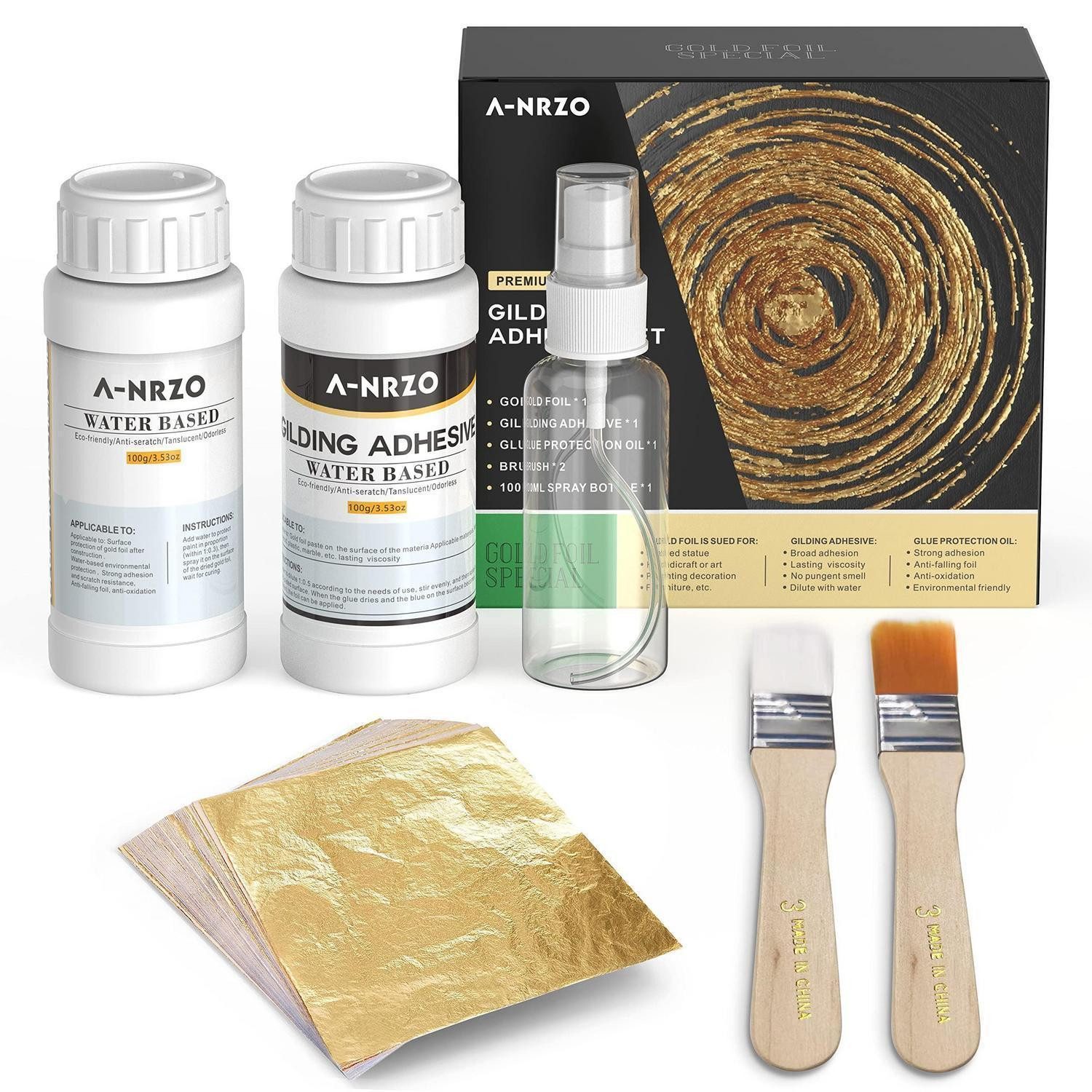 LuxusKollektion Bastelfilz Blattgold Set 100 Stk. mit Kleber & Lack goldfarben