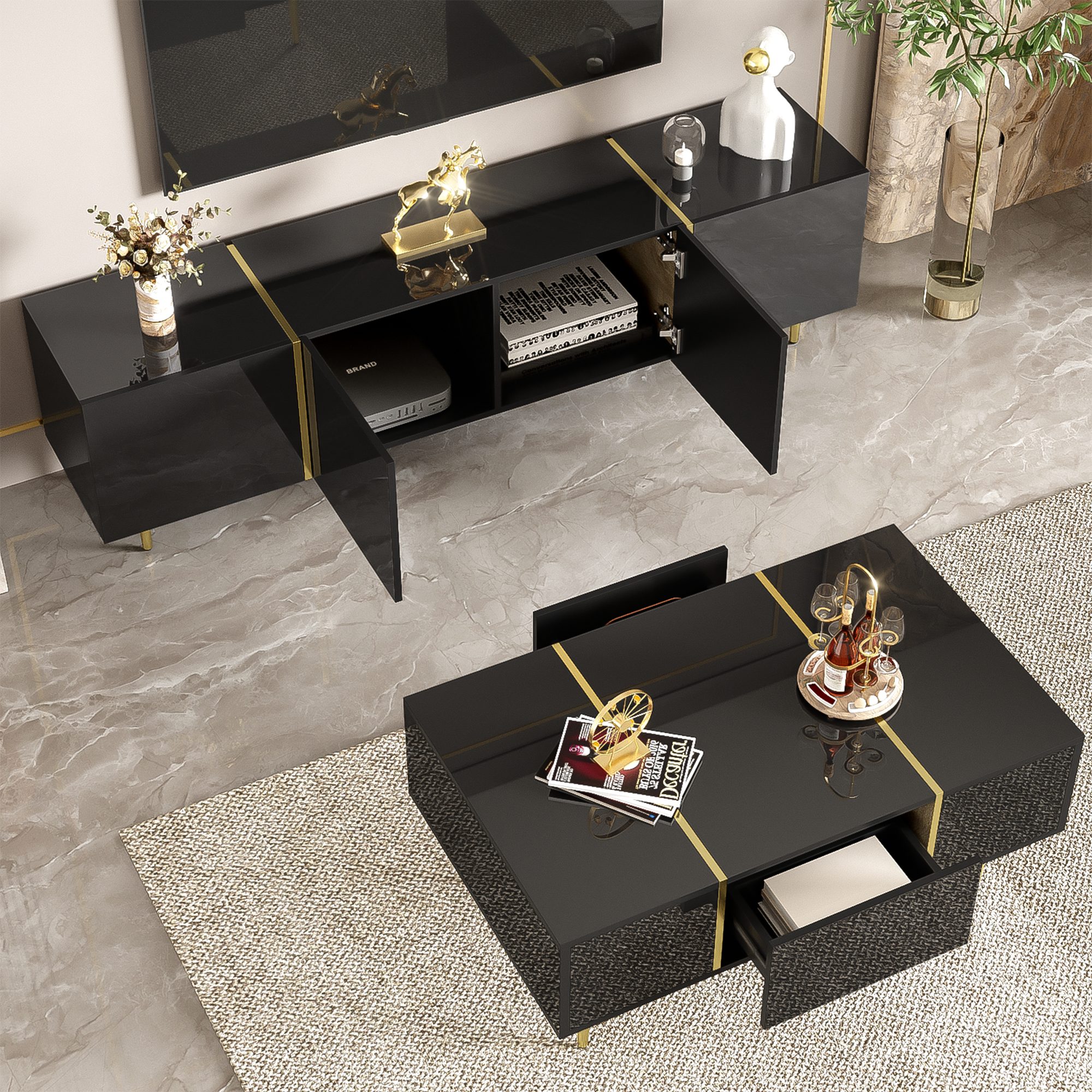 HAUSS SPOLE Wohnzimmer-Set mit Hochglanz-schwarz TV-Schrank günstig online kaufen