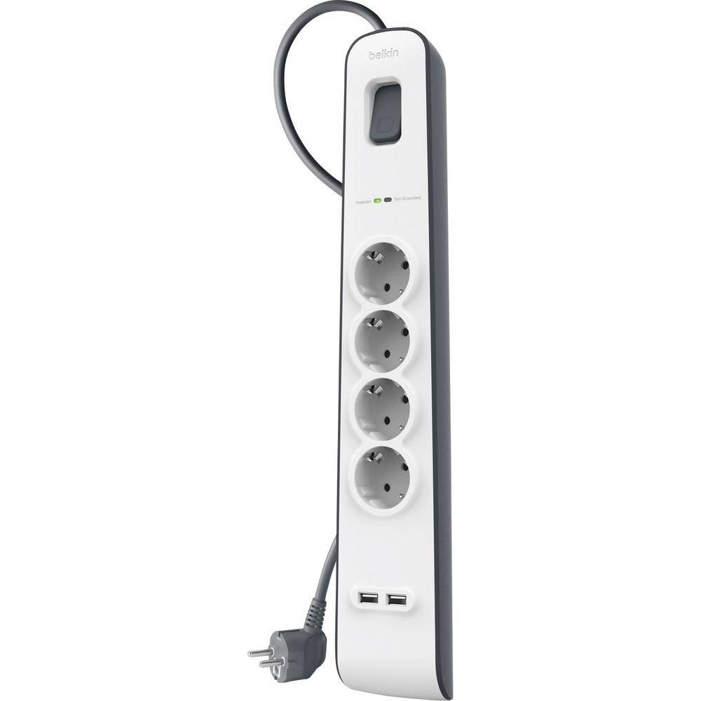 Belkin 4fach Überspannungsschutz-Steckdosenleiste 2x USB Steckdosenleiste, erhöhter Berührungsschutz, Überspannungsschutz, mit USB, mit Schalter