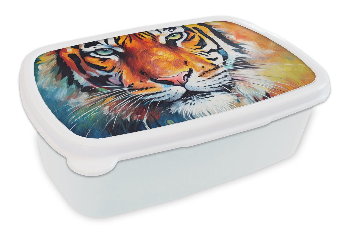 MuchoWow Lunchbox Tiger - Tiere - Ölgemälde - Kunst, Kunststoff, (2-tlg), Brotbox für Kinder und Erwachsene, Brotdose, für Jungs und Mädchen weiß