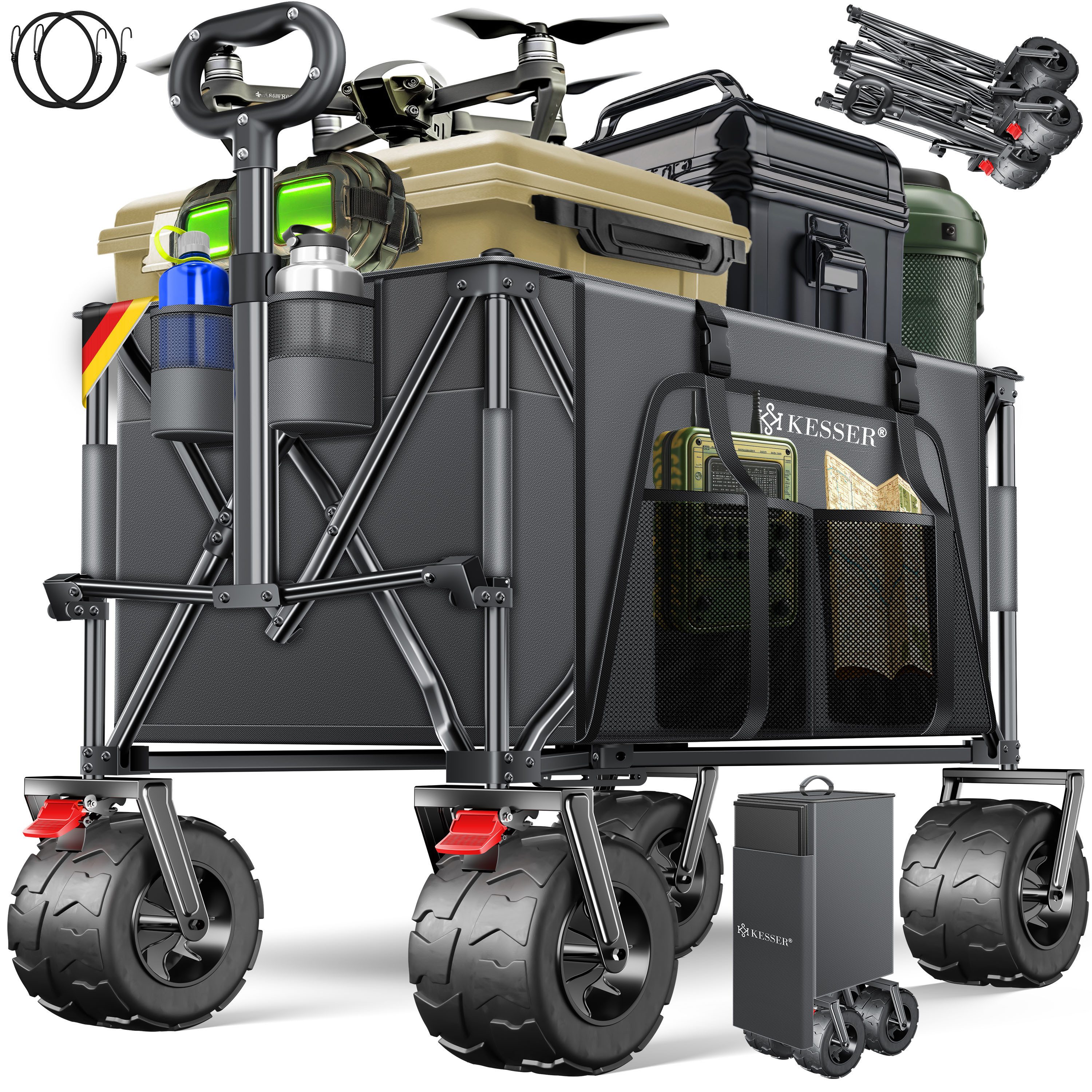 KESSER Тележки GTR9000 Handwagen Outdoor Transportwagen 200L Stauraum 360° Räder (Strandwagen faltbar inklusive Cover, Seitentasche & Getränkehalter), Gartenwagen UV- & Wetterbeständig mit Feststell-Bremsen & breite Räder