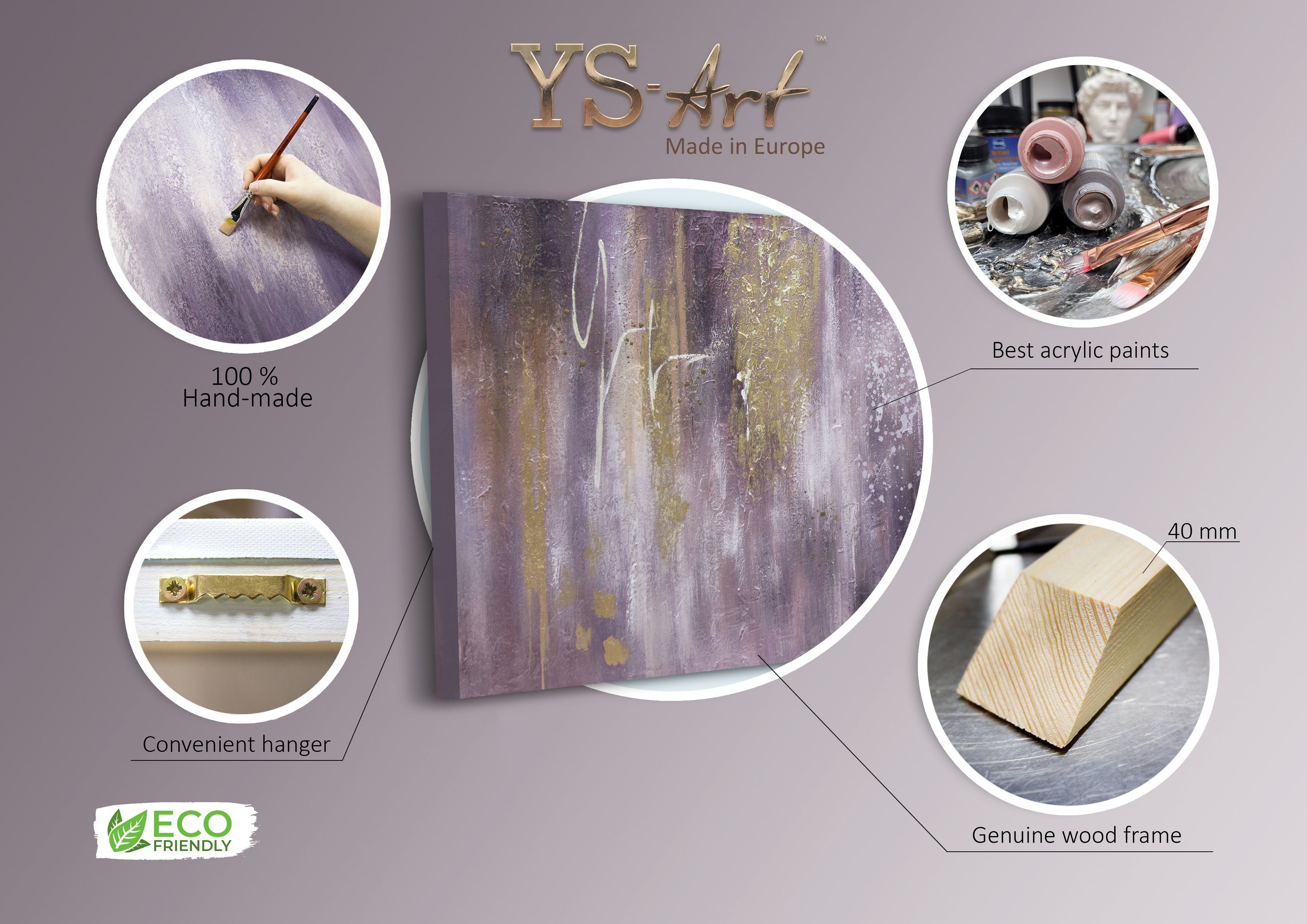 Abstrakt, YS-Art Lila Gemälde Abstrakt Sinfonie, Leinwand Bild Handgemalt Weiß Gold