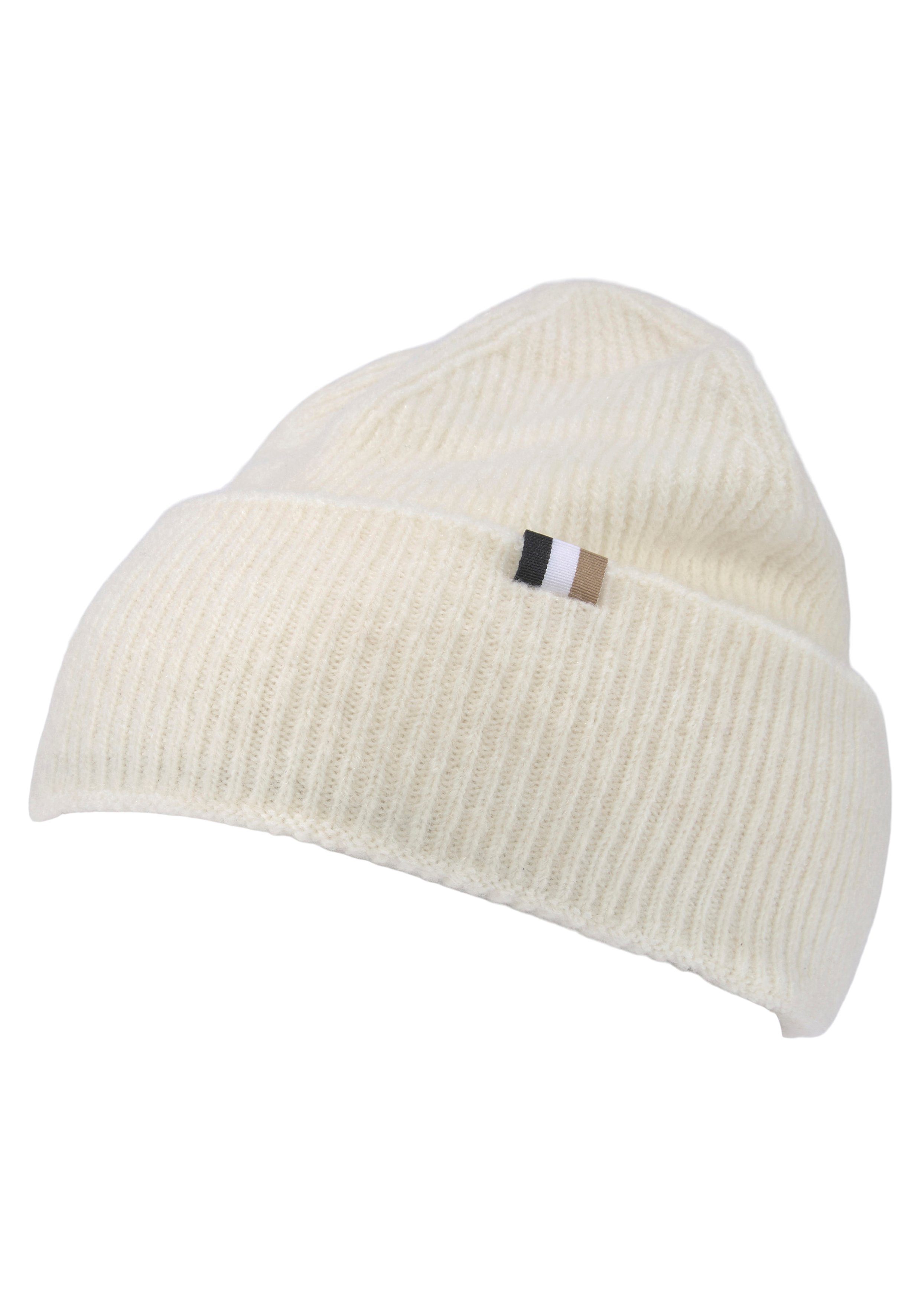 BOSS Beanie Landrina_hat mit kleinem Label & kontrastfarbenen Streifen innen Open_White