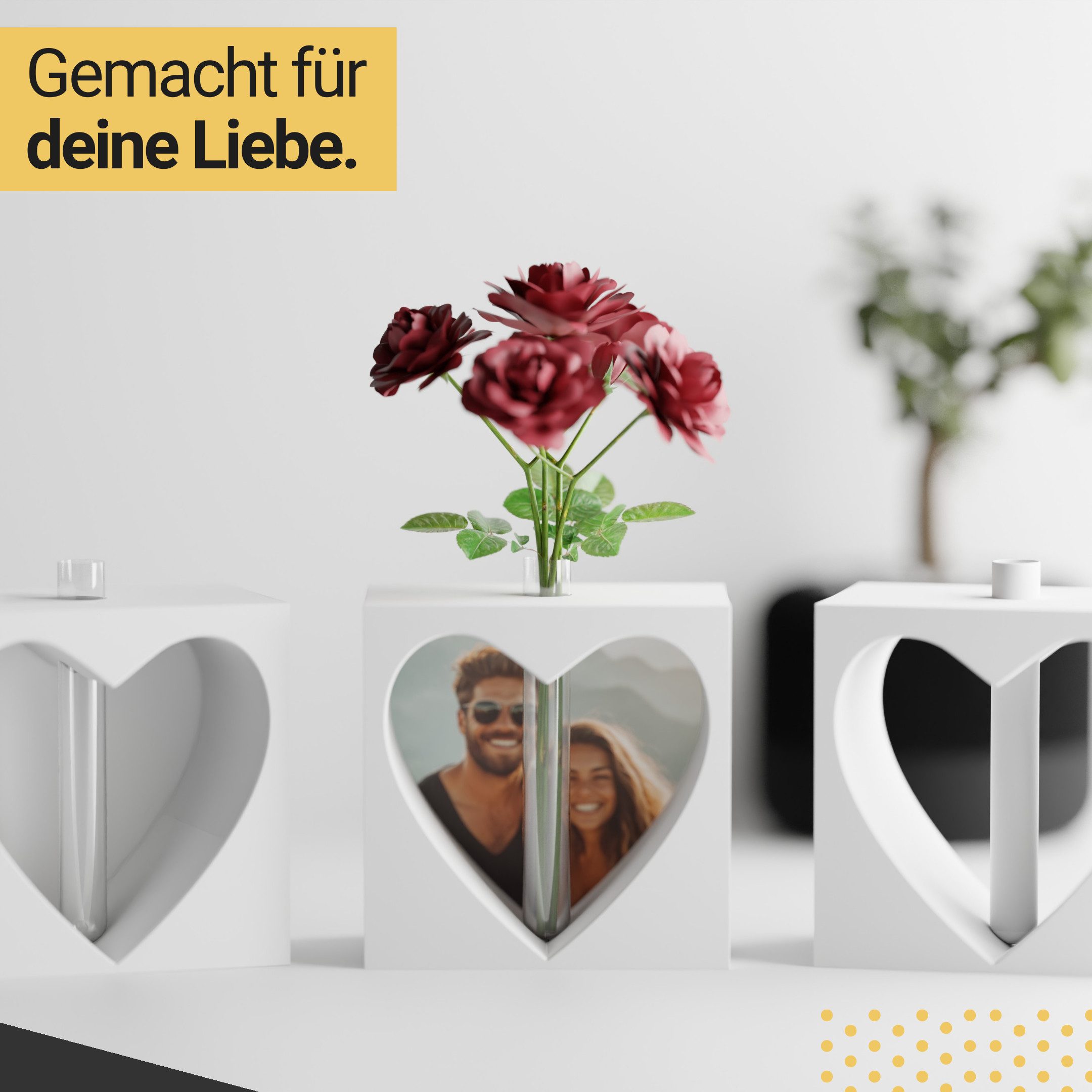 Shapes - Decorations Bilderrahmen Herz Vase mit Foto Einsatz – Deko mit Herz Aussparung und Glasröhrchen, für 1 Bilder, 3D-Effekt mit Herzform, Röhrchen für einzelne Blume