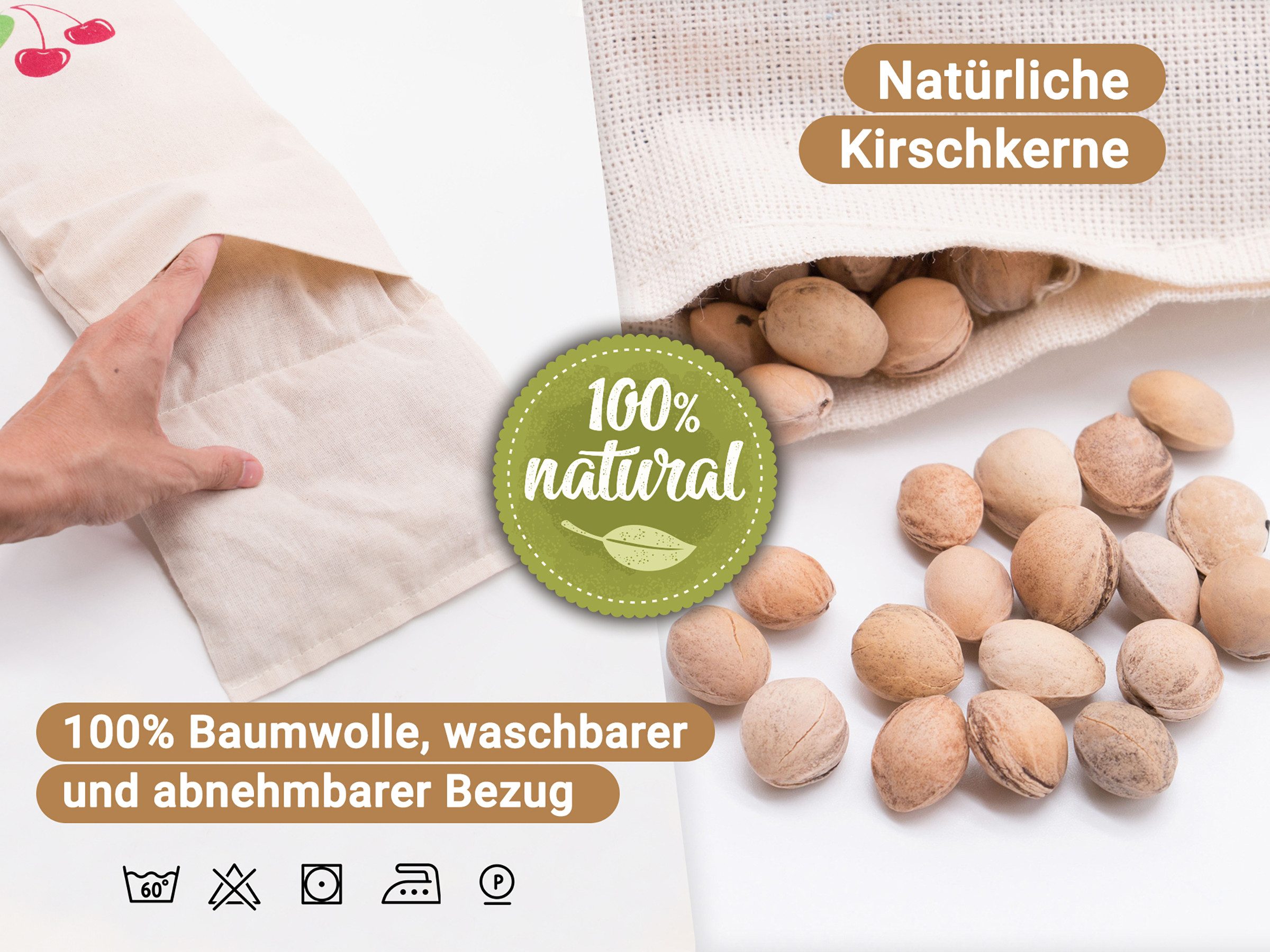 ZOLLNER24 Kirschkernkissen, 20 x 53 cm, 100% Baumwolle, abnehmbarer- und waschbarer Bezug