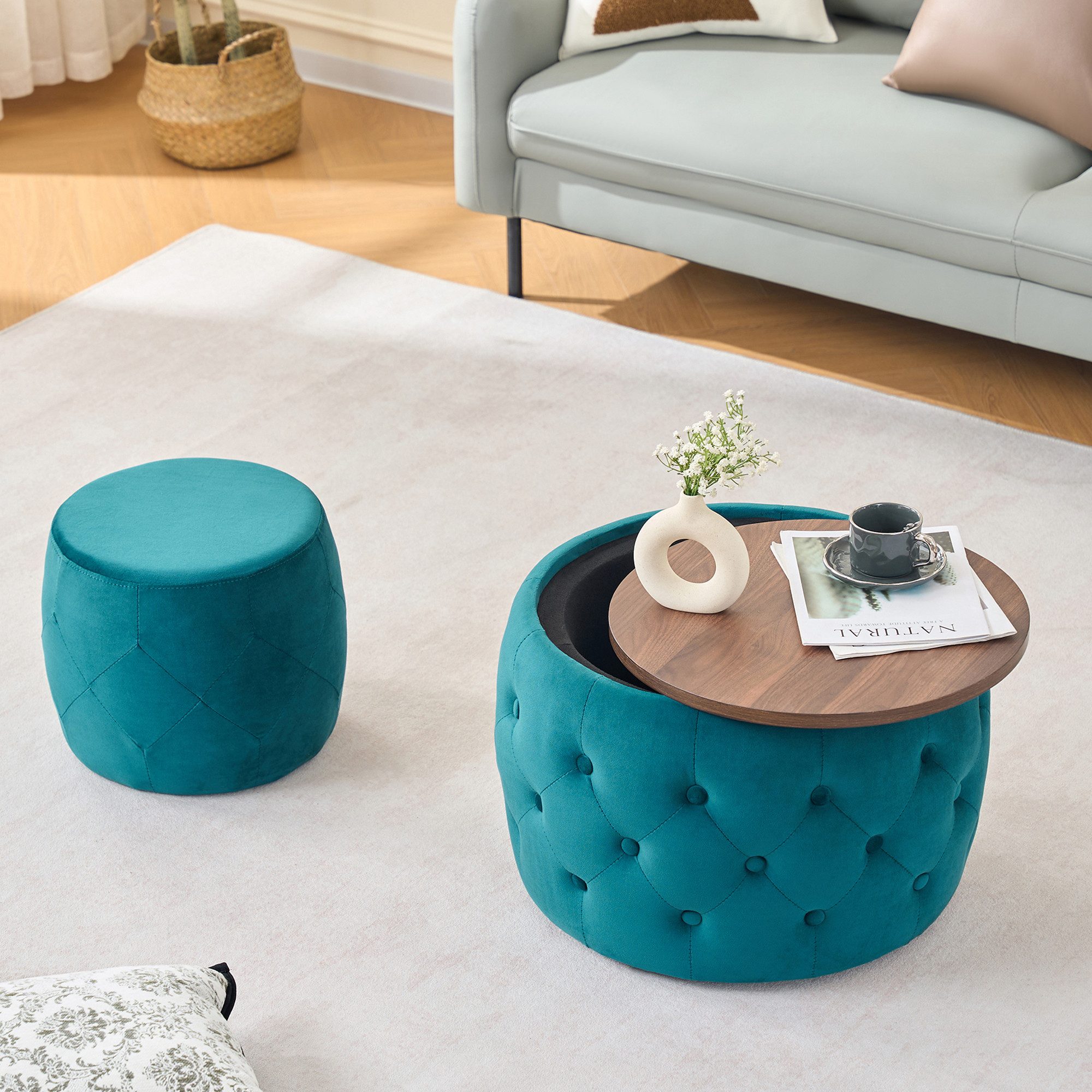 i@home Sitzhocker Luxuriöses 2er-Set Sitzhocker aus Samt mit Stauraum (Nesting-Hocker, Holzablage & 4-in-1-Funktion), Wohnzimmer-Sitzhocker, Fußhocker, Beistelltisch, Aufbewahrung