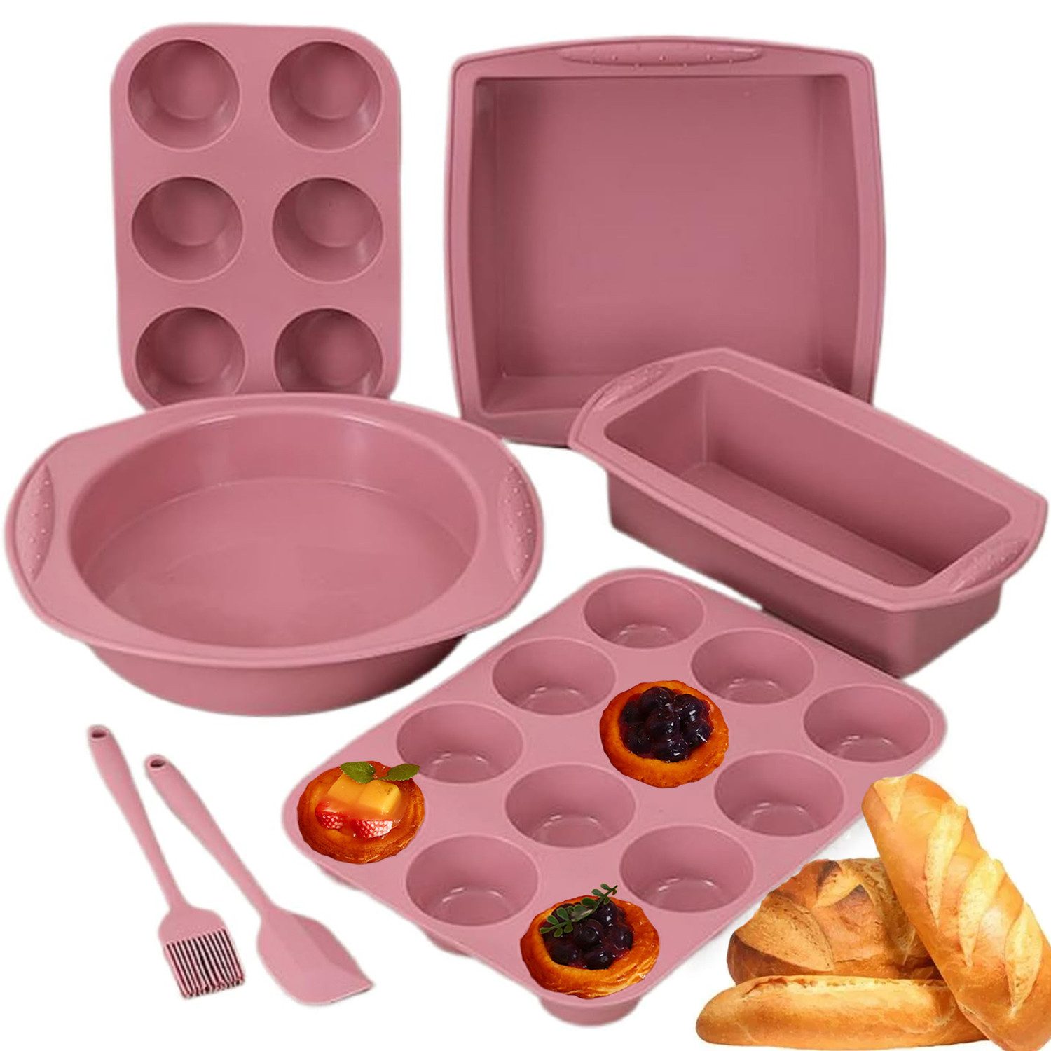 Refined Living Backform 7-tlg Antihaft Backformen Set Silikonform Backzubehör Kuchenform, (Brotbackform Muffinform Rund mit Teigschaber Backpinsel torten set), Hitzebeständige Kastenform für Backen Pizza Brot Kuchen Toast Cupcake