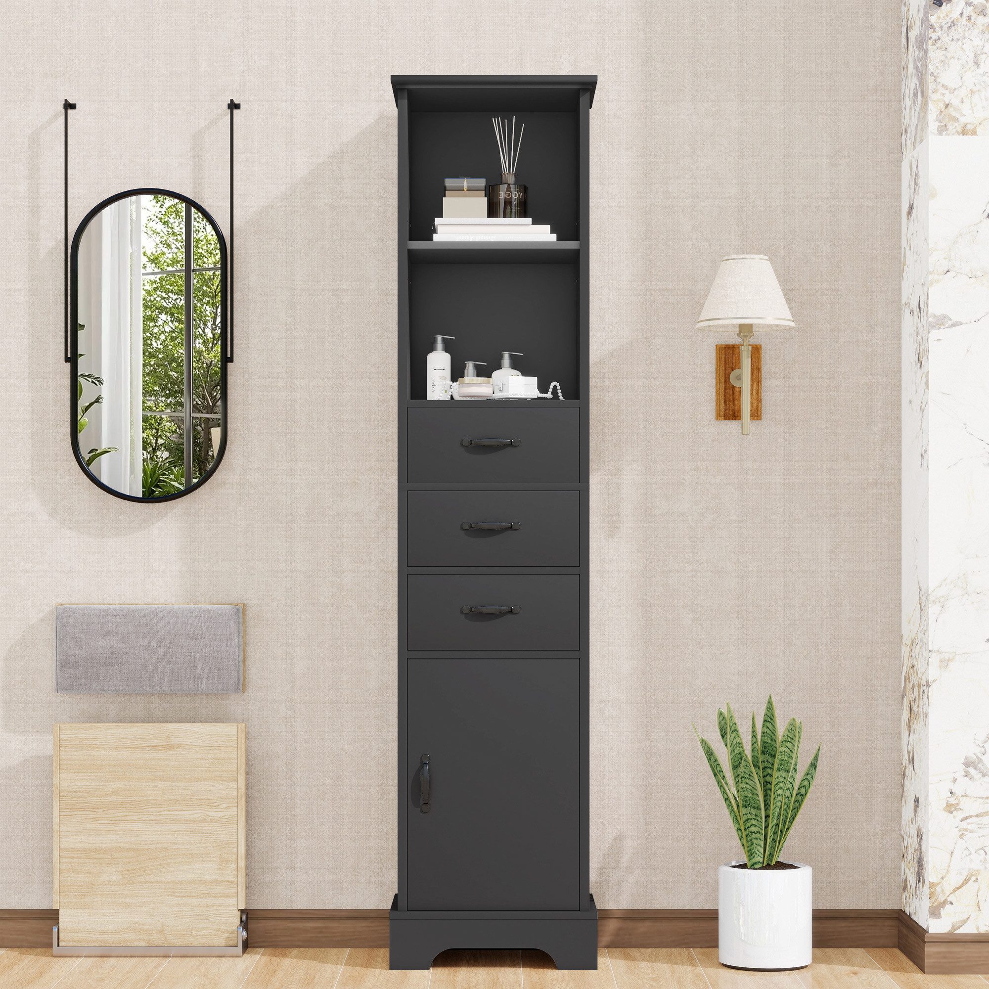 Flieks Badkommode Badezimmerschrank Hochschrank mit Feuchtigkeitsbeständigkeit (1 St., 38x26x172,5 cm), Mehrzweckschrank mit Schubladen und verstellbaren Einlegeböden Weiß