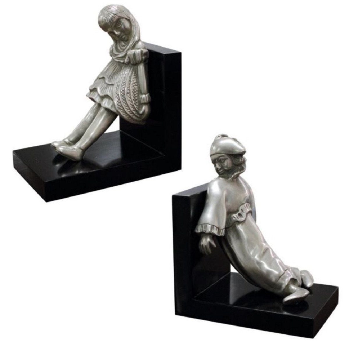 Casa Padrino Buchstütze Luxus Buchstützen Set Mädchen & Clown Silber /  Schwarz 14 x 10 x H. 17 cm - Versilberte Deko Bronzefiguren mit Holzsockel