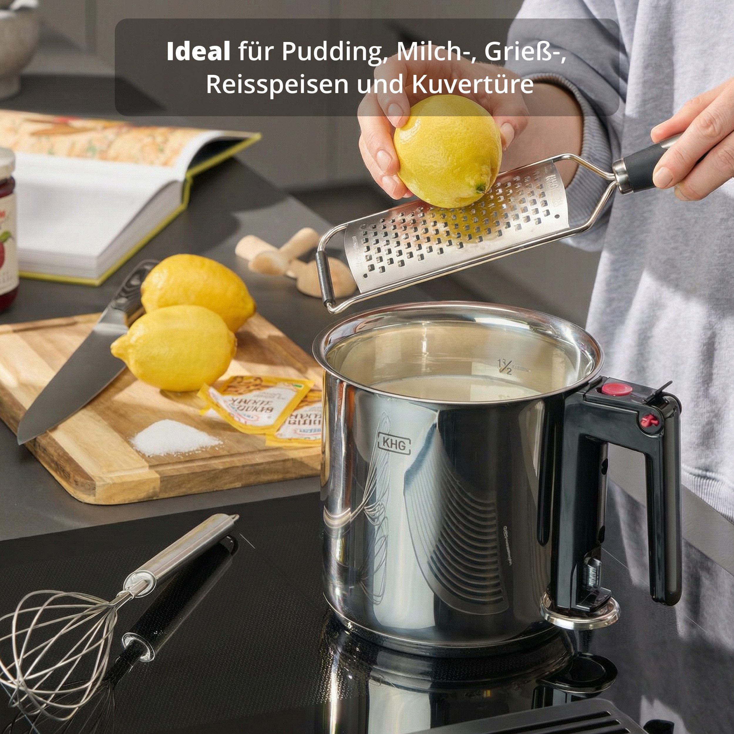 KHG Simmertopf Milchtopf 16 cm, Doppelwandig mit Grifföffnung, Edelstahl, 1,5 Liter Innenskala, Wasserbad-Prinzip, alle Herdarten auch Induktion