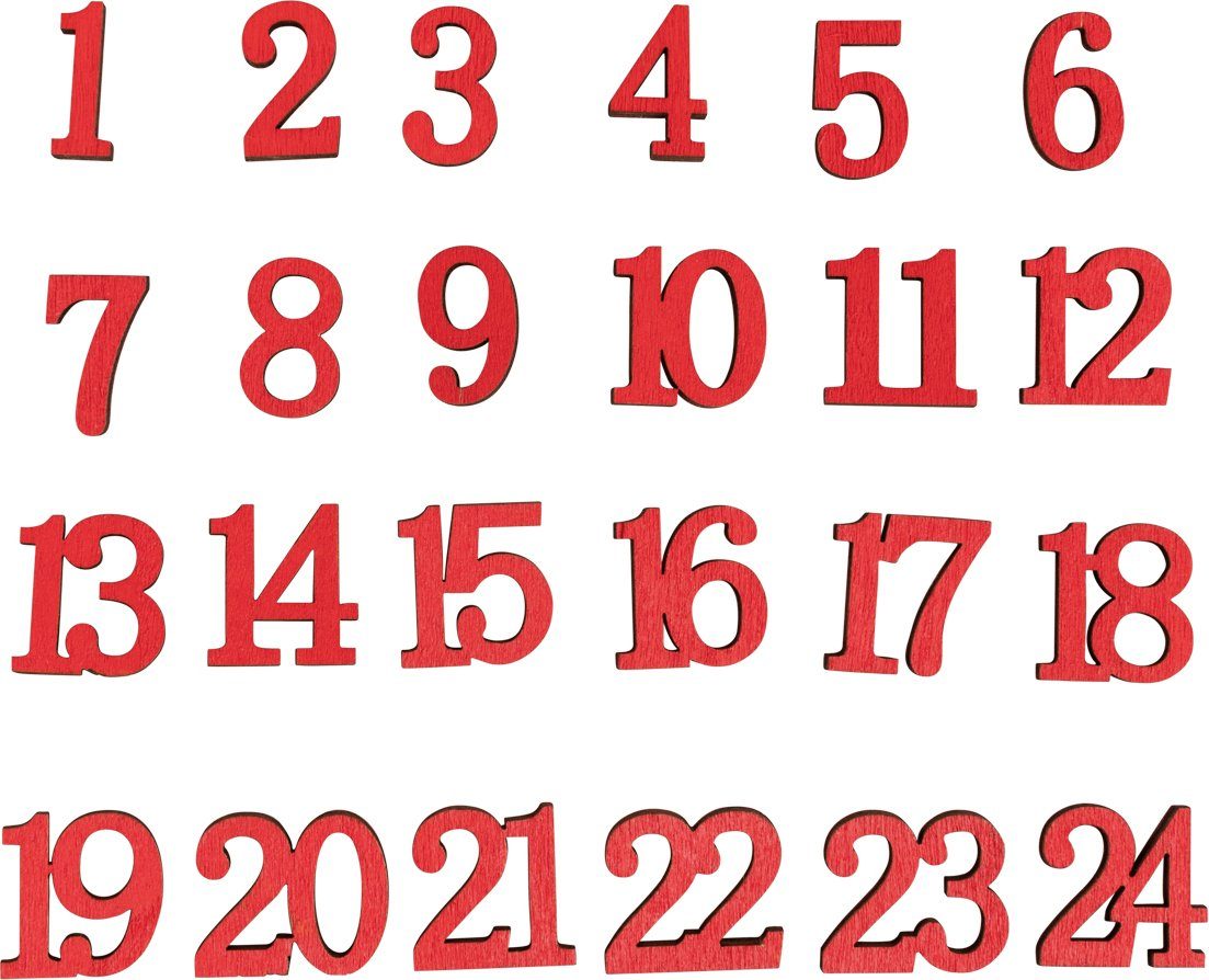 Rayher Deko-Buchstaben Adventszahlen Rufus (24 St), mit Klebepunkt 24 Stück 2 cm Pappelholz