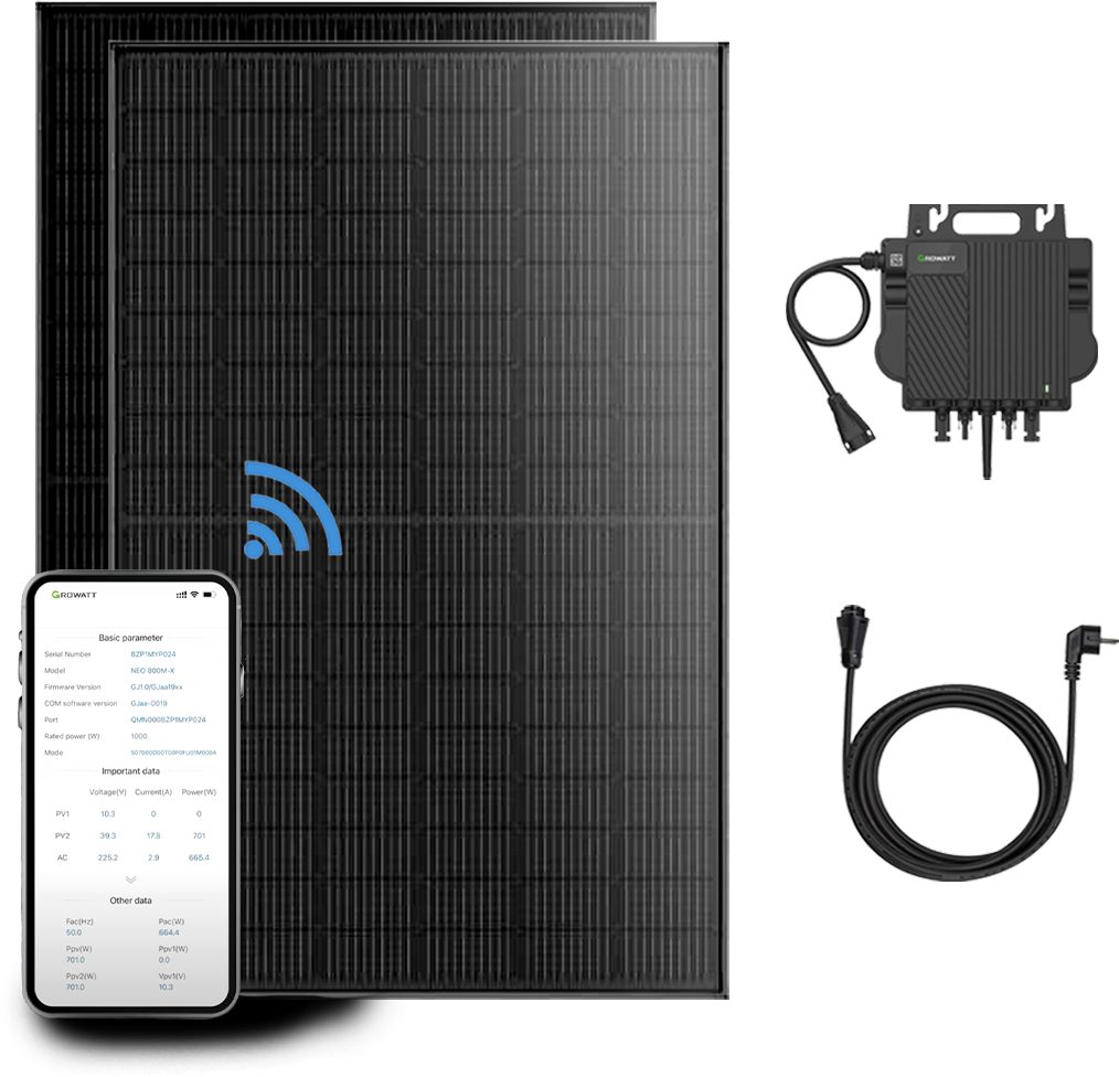 Growatt Balkonkraftwerk 900W Balkonkraftwerk Komplettset mit NEO 800W Mikro-Wechselrichter, 800 W, Monokristallin, (Set, 2-St., 2×450W JA Solar Modul+1×Growatt NEO 800W Mikro-Wechselrichter), mit 5M AC Kabel, Plug und Play
