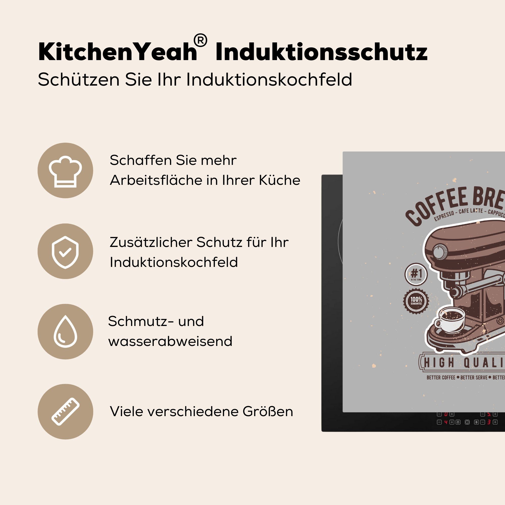 - Arbeitsplatte (1 cm, Ceranfeldabdeckung, 78x78 tlg), für - Tasse MuchoWow küche Kaffeemaschine Retro - Zeichnung, Vinyl, Herdblende-/Abdeckplatte