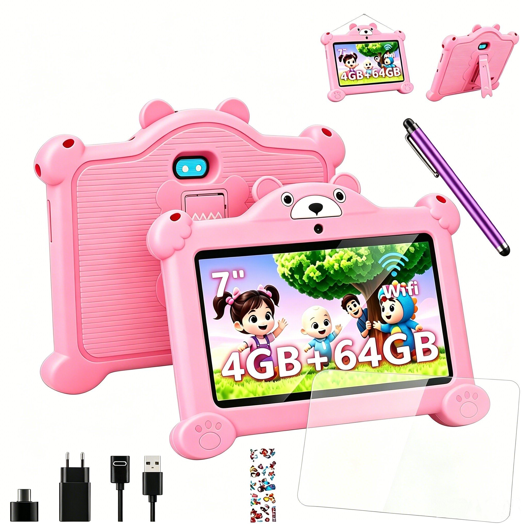 LETGOSPT 7 Zoll 4GB+64GB WiFi Bluetooth IPS HD-Display Android 15 Kinder Tablet (7", 64 GB, Android 15, WiFi, ab 3 Jahren Dual-Kamera mit Hülle & Stift, Google Kids Space Gemini AI)
