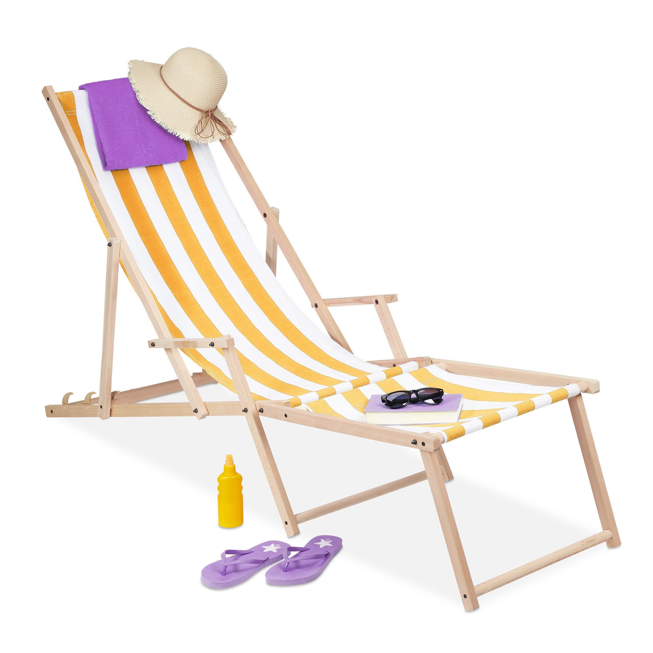 relaxdays Gartenliege Liegestuhl Holz mit Fußteil, Weiß-Gelb