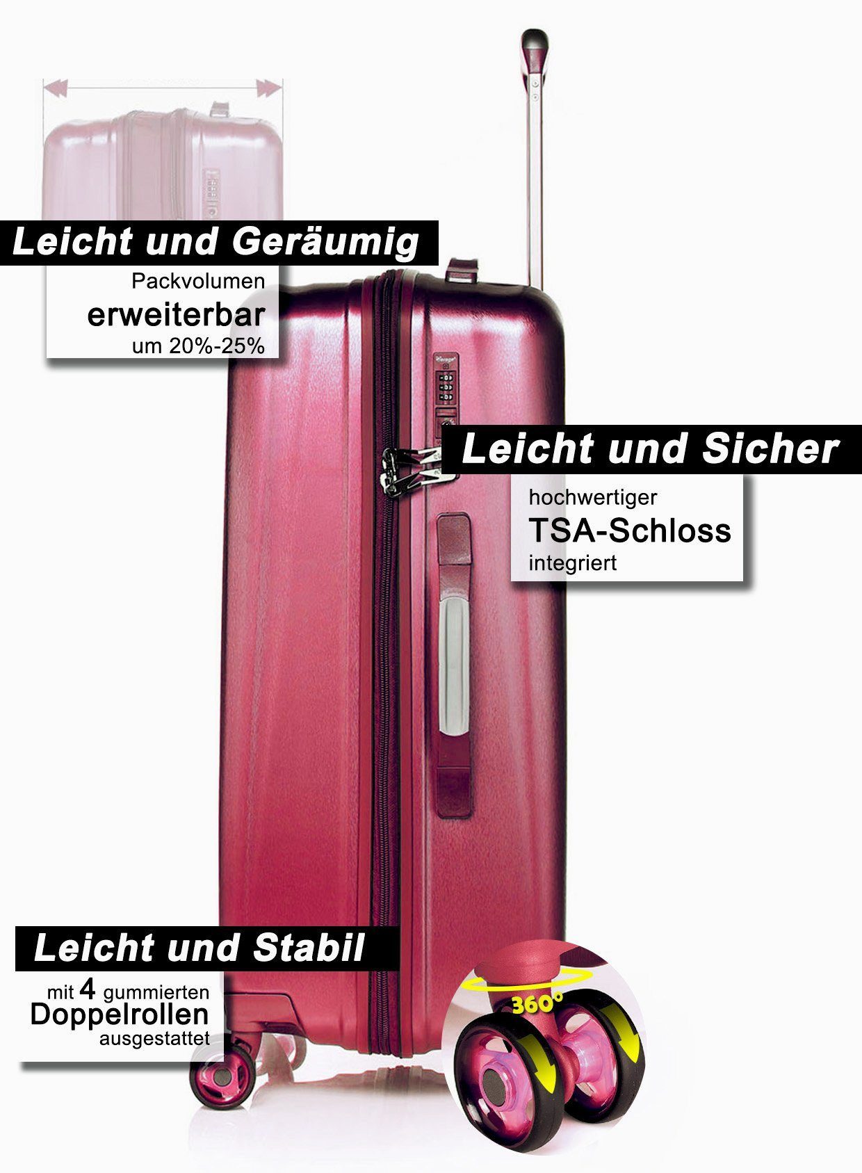 Verage Koffer Hartschalenkoffer Kinetic, weiterbarer Reisekoffer, 4 Rollen, Volumenerweiterung, leichter ABS Trolley, TSA-Zahlenschloss Koffer