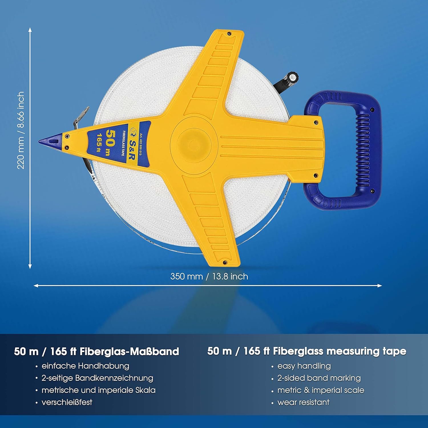 S&R Maßband Fiberglas 50 METER / 165 Ft (Zoll) Beidseitig markiert, Breite 13 mm, mit Metallring und Zentrierspitze und Kurbel zum ein- und ausrollen