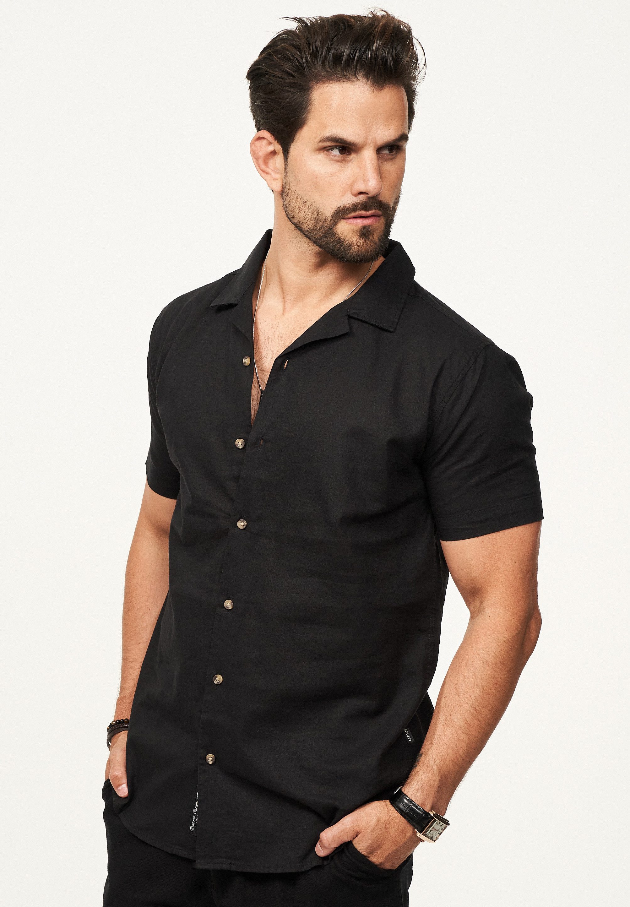 behype Kurzarmhemd aus Leinen Sommerhemd im Regular-Fit Herren Leinenhemd Freizeithemd mit offenen Reverskragen