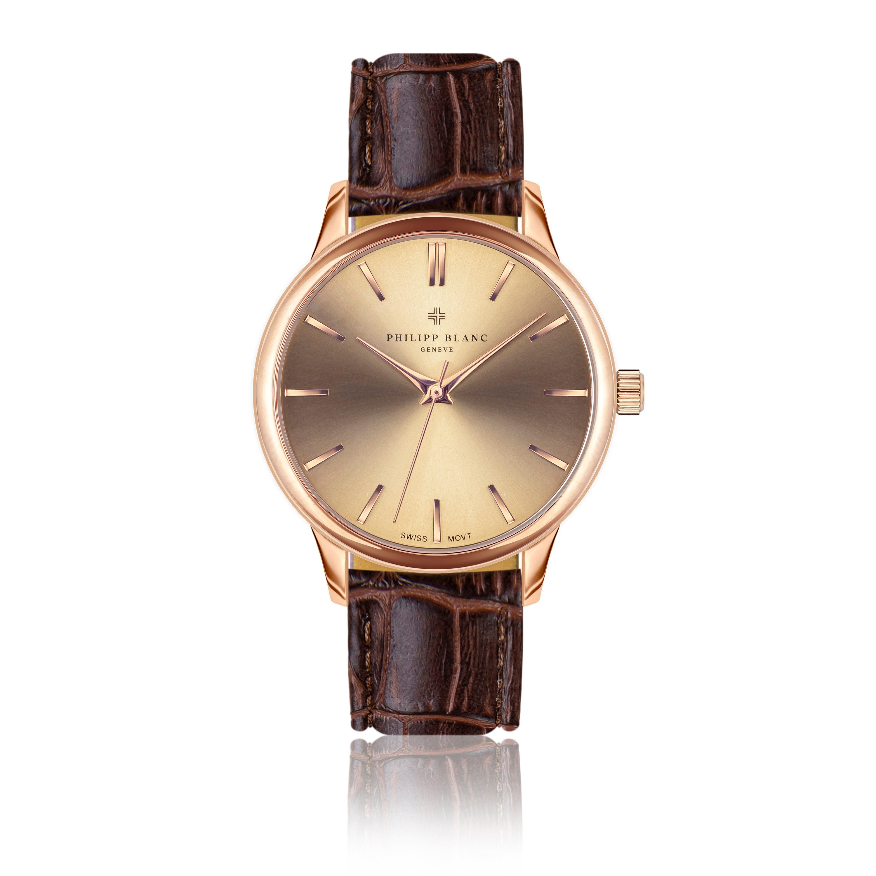 PHILIPP BLANC Quarzuhr PB3-S088R Lugano, braunes Krokodilleder