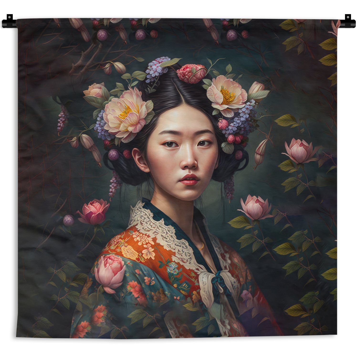 MuchoWow Wanddekoobjekt Frau - Blumen - Kleid, - Kimono Kinderzimmer Wanddeko für Wandbehang, Wohnzimmer, - Asiatisch, Porträt Schlafzimmer