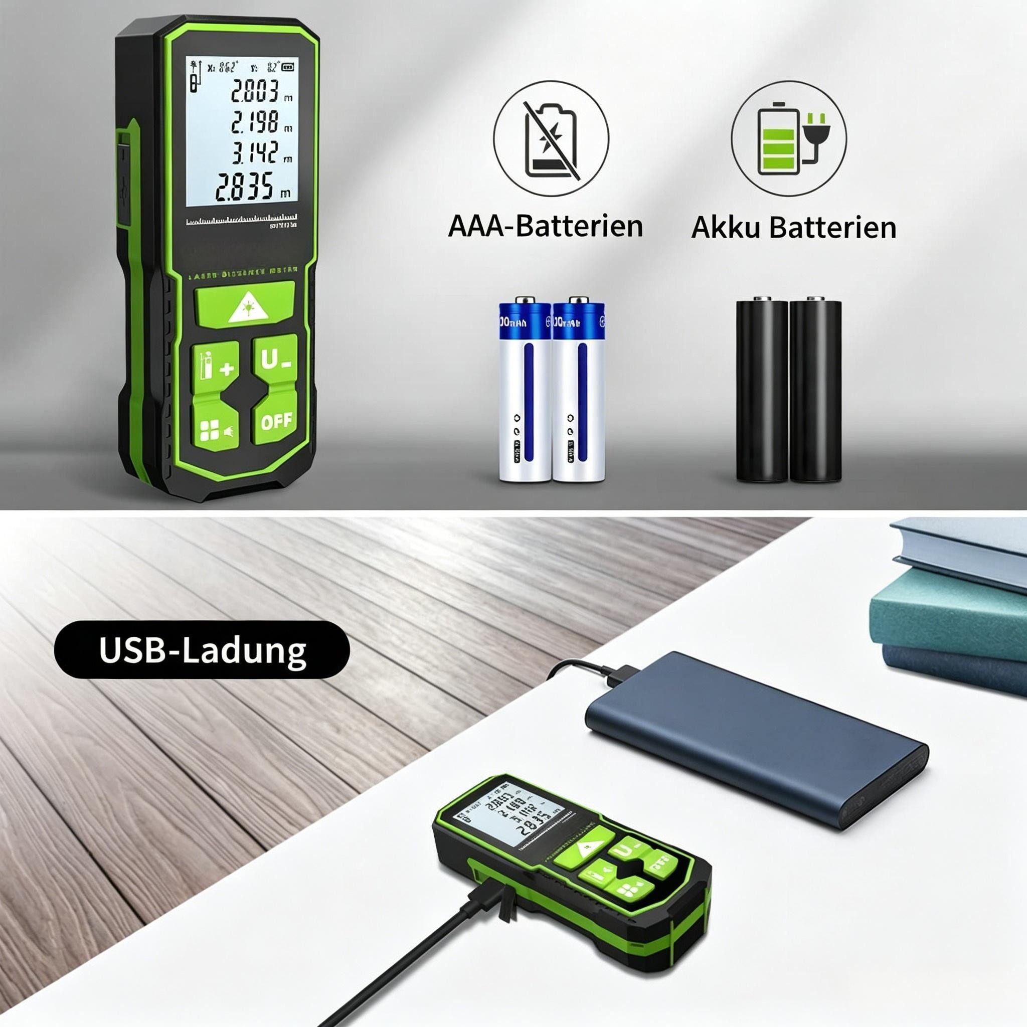 AIBISTAR Entfernungsmesser Digitaler Laser-Entfernungsmesser 60m Lasermessgerät,USB, Pythagoras, 7 Messmodi,Doppelte Winkelmessung,LCD-Display