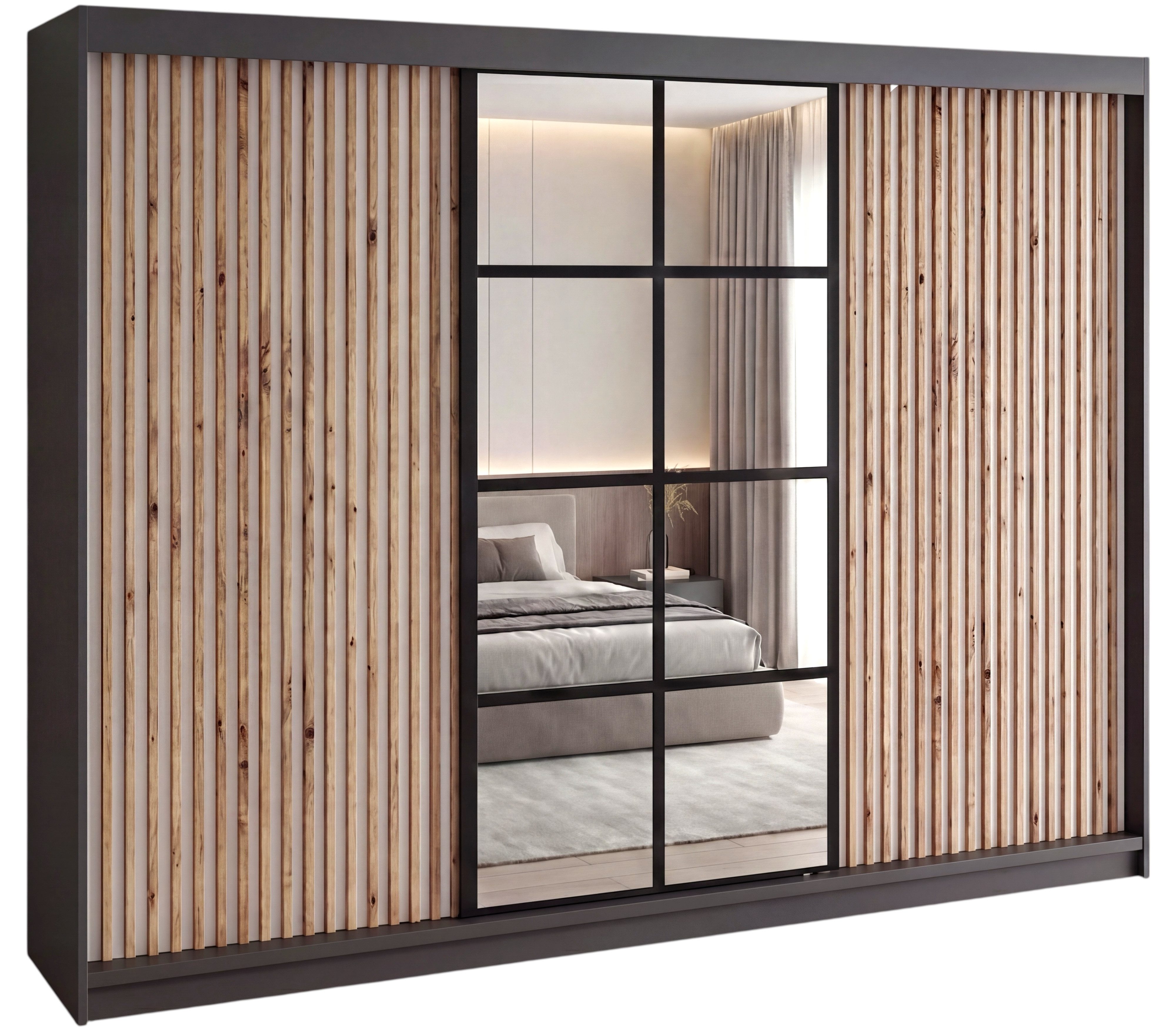 A&J MöbelLand GmbH Schiebetürenschrank NORIVO 200 cm mit 3D-Lamellen und Spiegelfront (TOP ANGEBOT! Geräumiger Schrank mit einer Breite von 200 cm ideal zur Aufbewahrung von Kleidung und Accessoires. Wählen Sie das ideale Modell für Ihr Schlafzimmer!, TOP