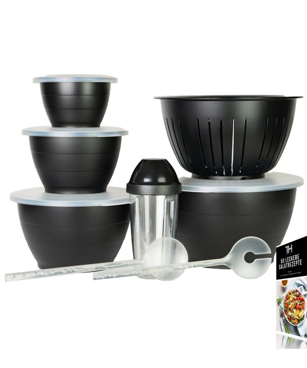 Salatschüssel 6 Teilig 0,6L/1,3L/2,5L/4,4L - mit Deckel, Seiher, Salatbesteck