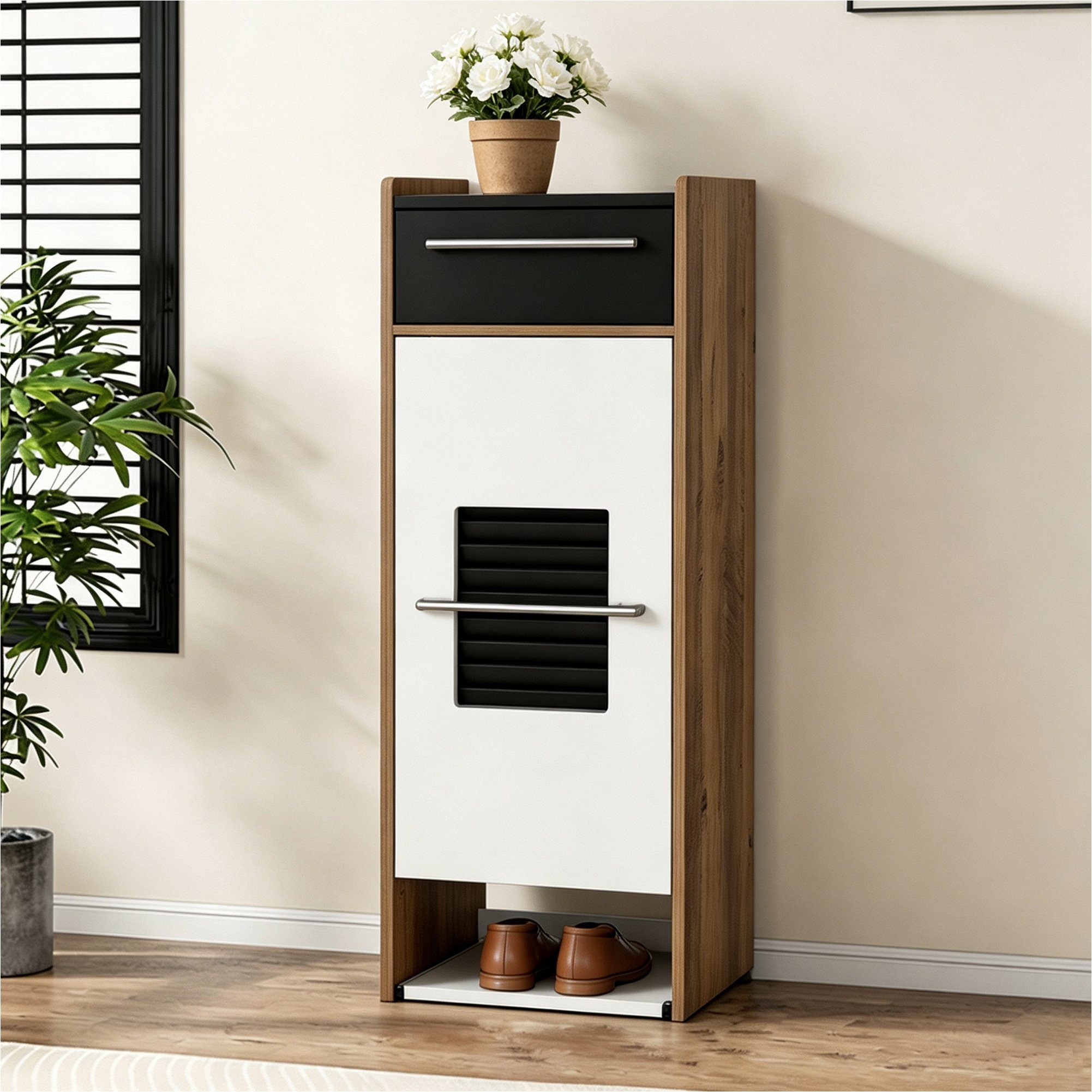 UEV Schuhschrank schmal mit Schublade & offener Ablage, 38 x 105 cm (T x H) (Schuhkommode für Eingang Flur) Flurmöbel mit Kippschutz & verstellbaren Ablagen, Schuhregal Holz
