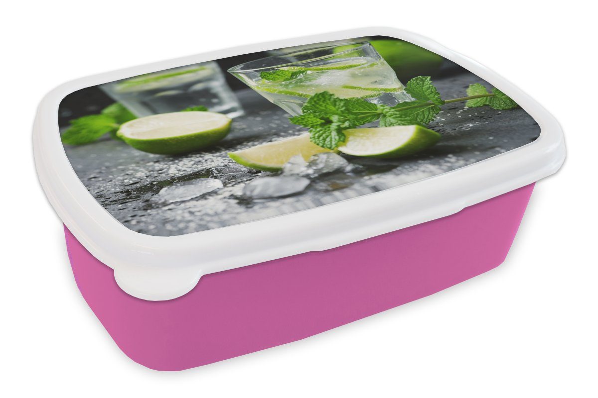 MuchoWow Lunchbox Getränk - Weinglas - Obst, Kunststoff, (2-tlg), Brotbox für Erwachsene, Brotdose Kinder, Snackbox, Mädchen, Kunststoff rosa