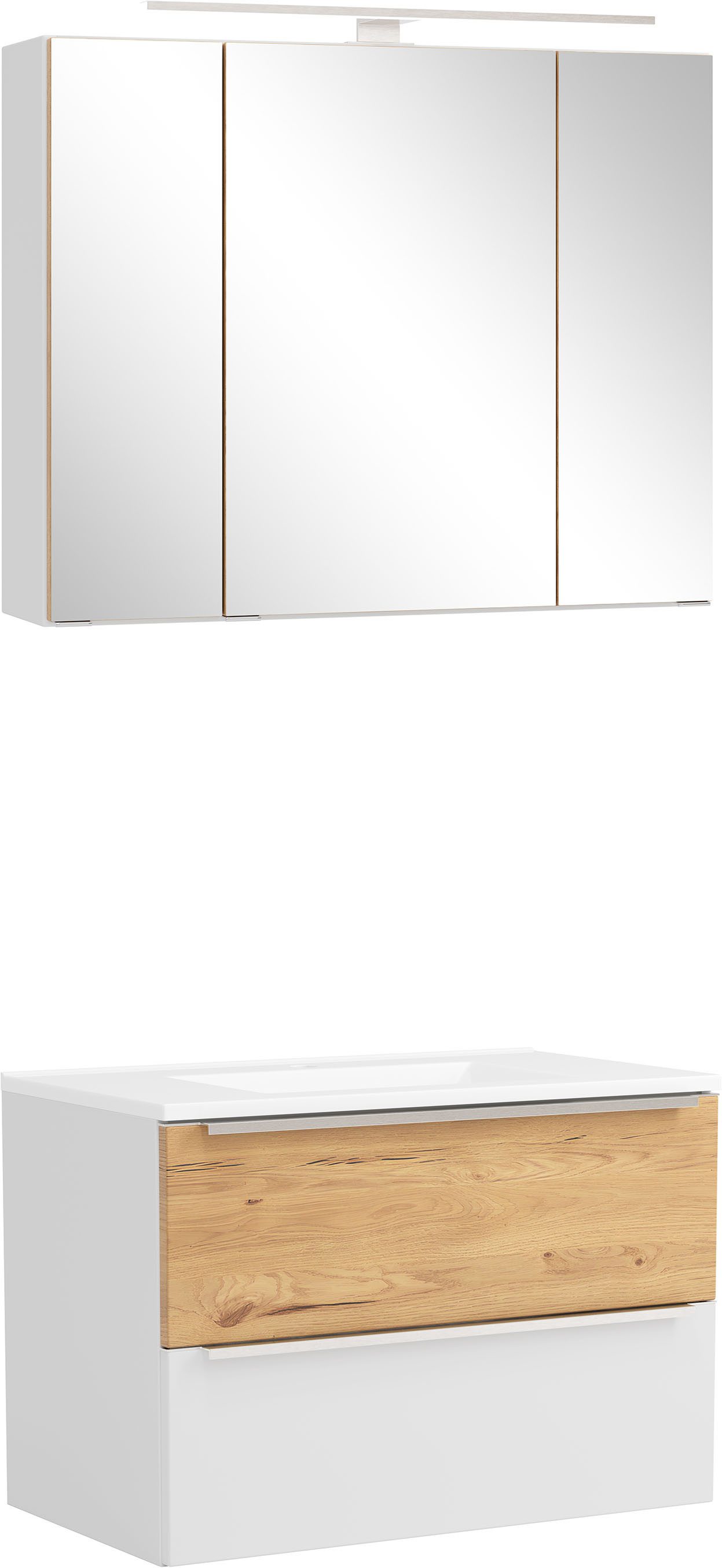 welltime Badmöbel-Set TRIENT, Set: Spiegelschrank und Waschtisch, (2-St., Maße (B/H/T): ca. 80/200/47 cm), matt weiß/wildeiche, LED-Aufbauleuchte, 2tlg. Waschtisch-Set