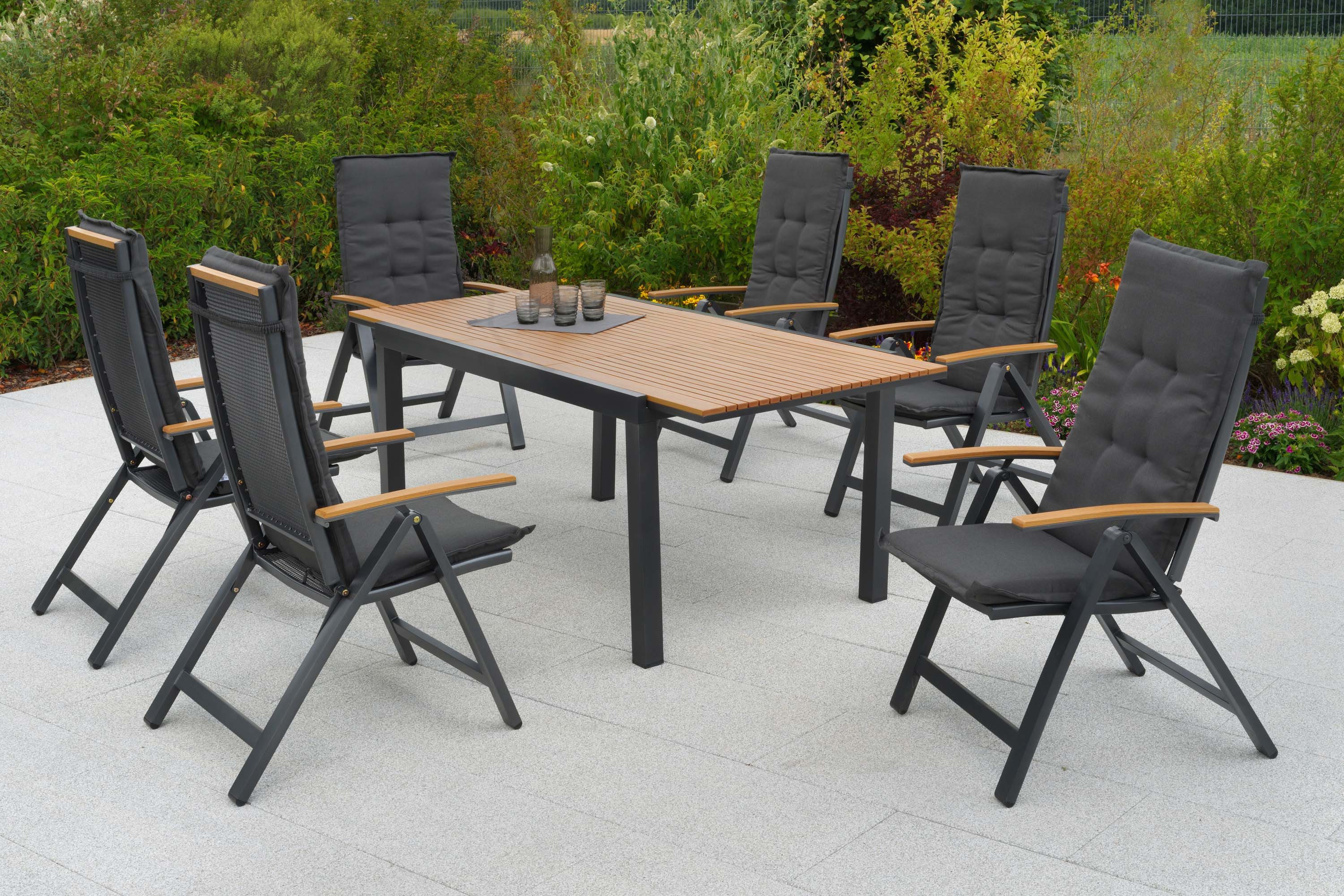 MERXX Garten-Essgruppe Itanos, (Set, 13-tlg), inkl. 6 Klappsessel, 6 Auflagen, 1 Ausziehtisch