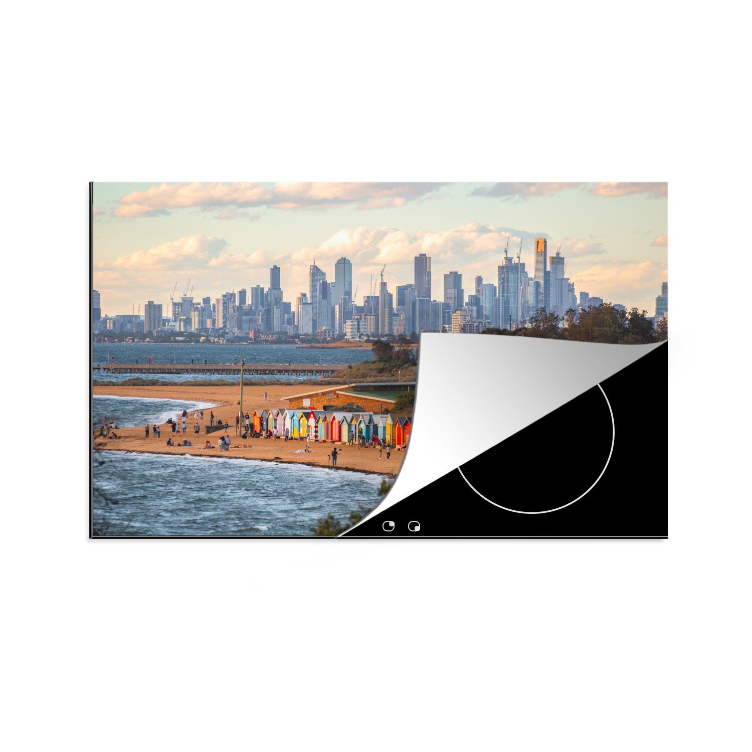 MuchoWow Herdblende-/Abdeckplatte Skyline von Melbourne an der Küste Australiens, Vinyl, (1 tlg), 81x52 cm, Induktionskochfeld Schutz für die küche, Ceranfeldabdeckung