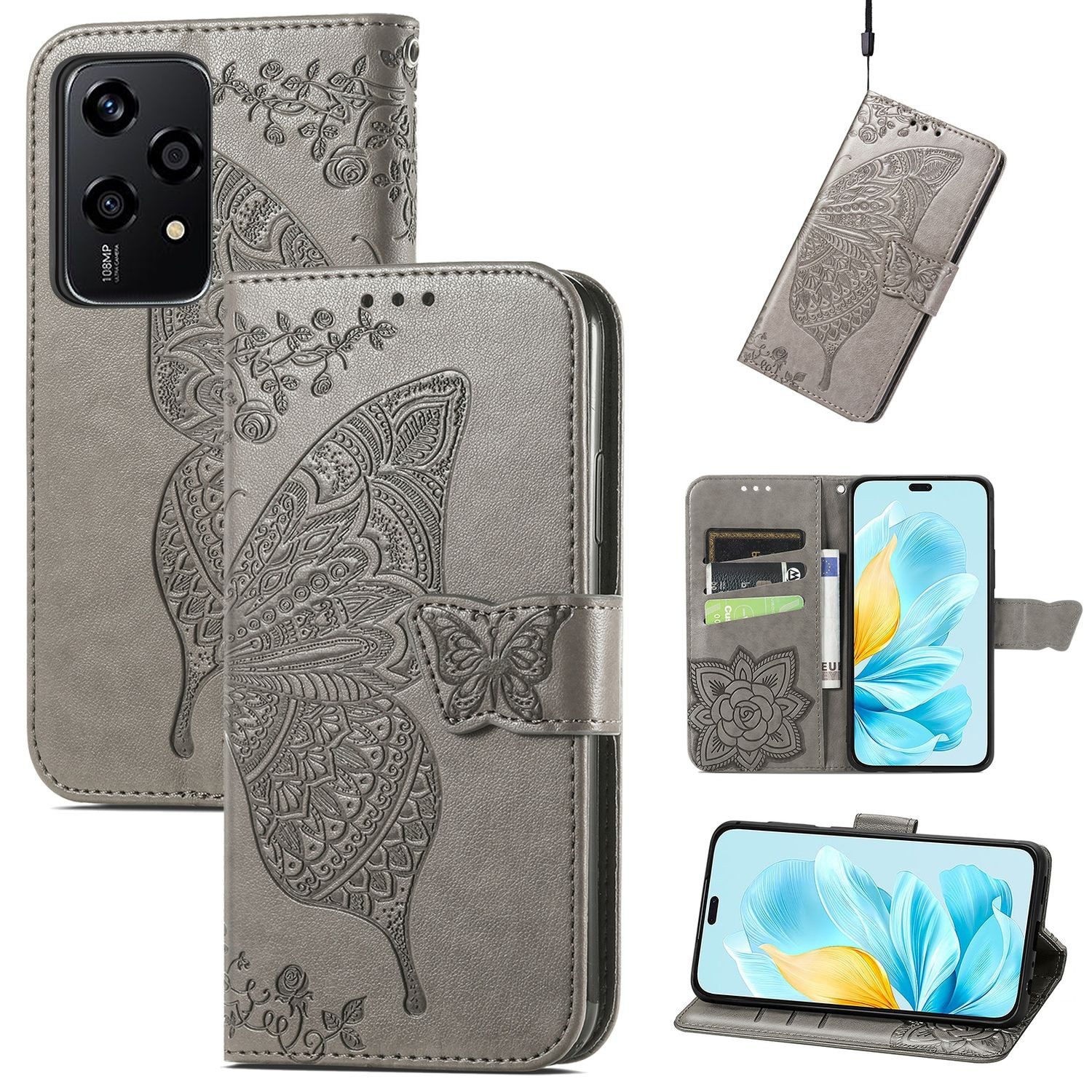 Wigento Smartphone-Hülle Für Honor 200 Lite Kunstleder Wallet Tasche Schmetterling Hülle Grau, Kunst-Leder Schutzhülle Smart Case Cover magnetischer Verschluss