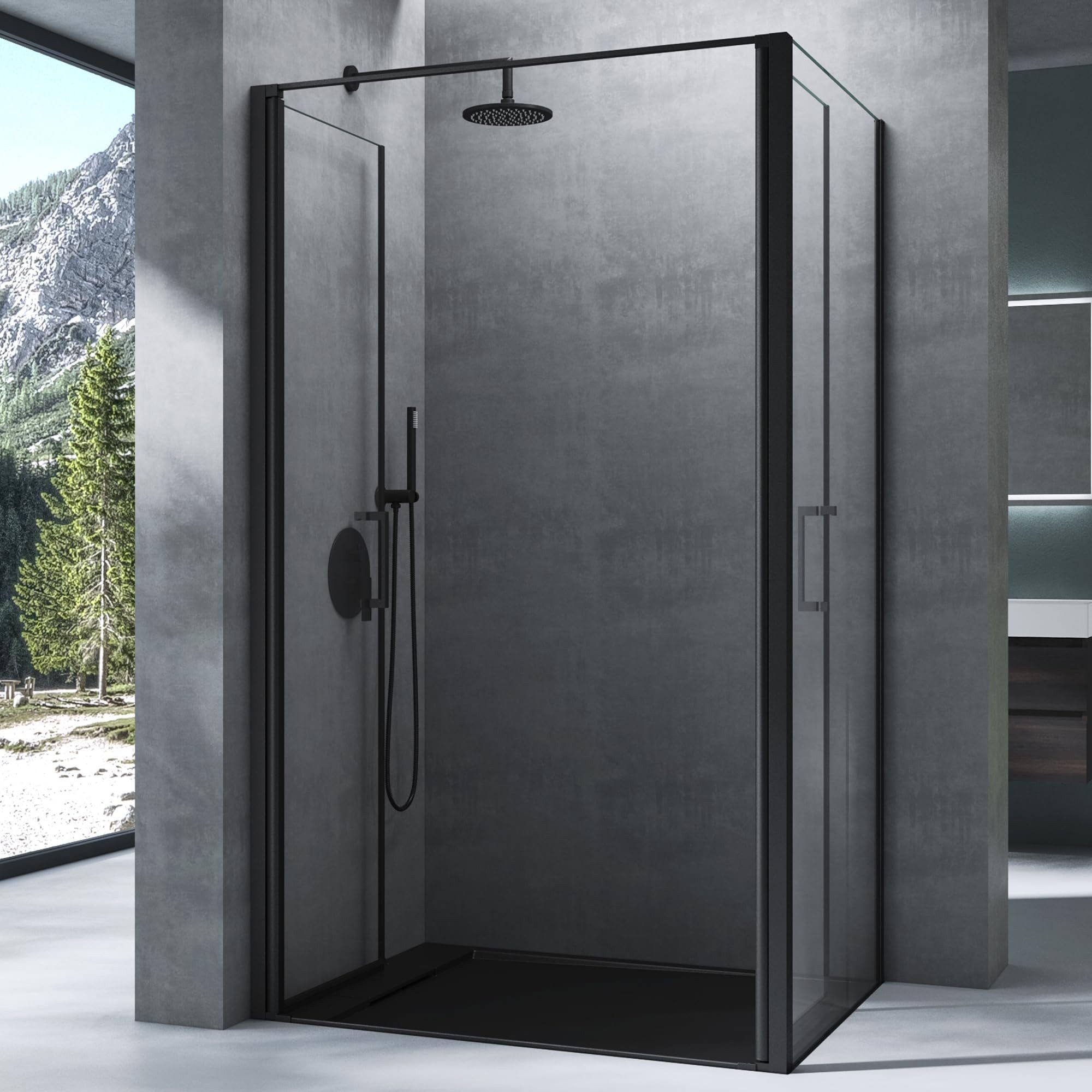 Mai & Mai Eckdusche Eckduschkabine Duschabtrennung Drehtür Schwarz 8 mm ESG Nano R66, BxT: 90x80 cm, Hebe-Senk-Mechanismus,15 mm Wandausgleich,Magnetdichtung