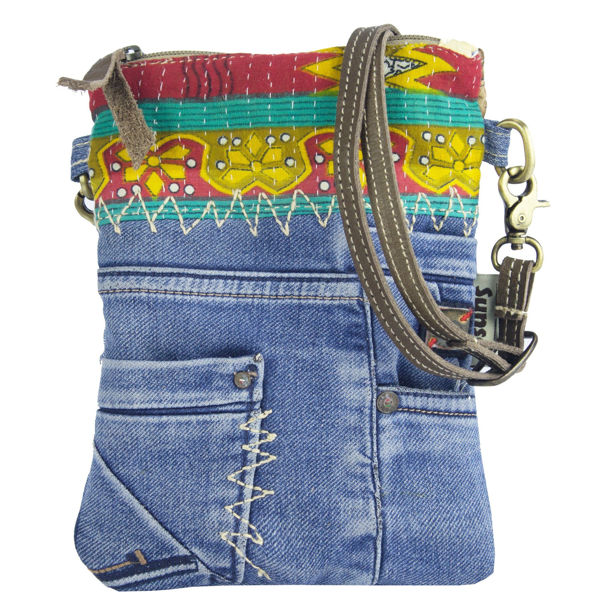 Sunsa Umhängetasche Damen kleine Schultertasche Tasche aus Recycling Jeans & used Sari, Aus recycelten Materialien