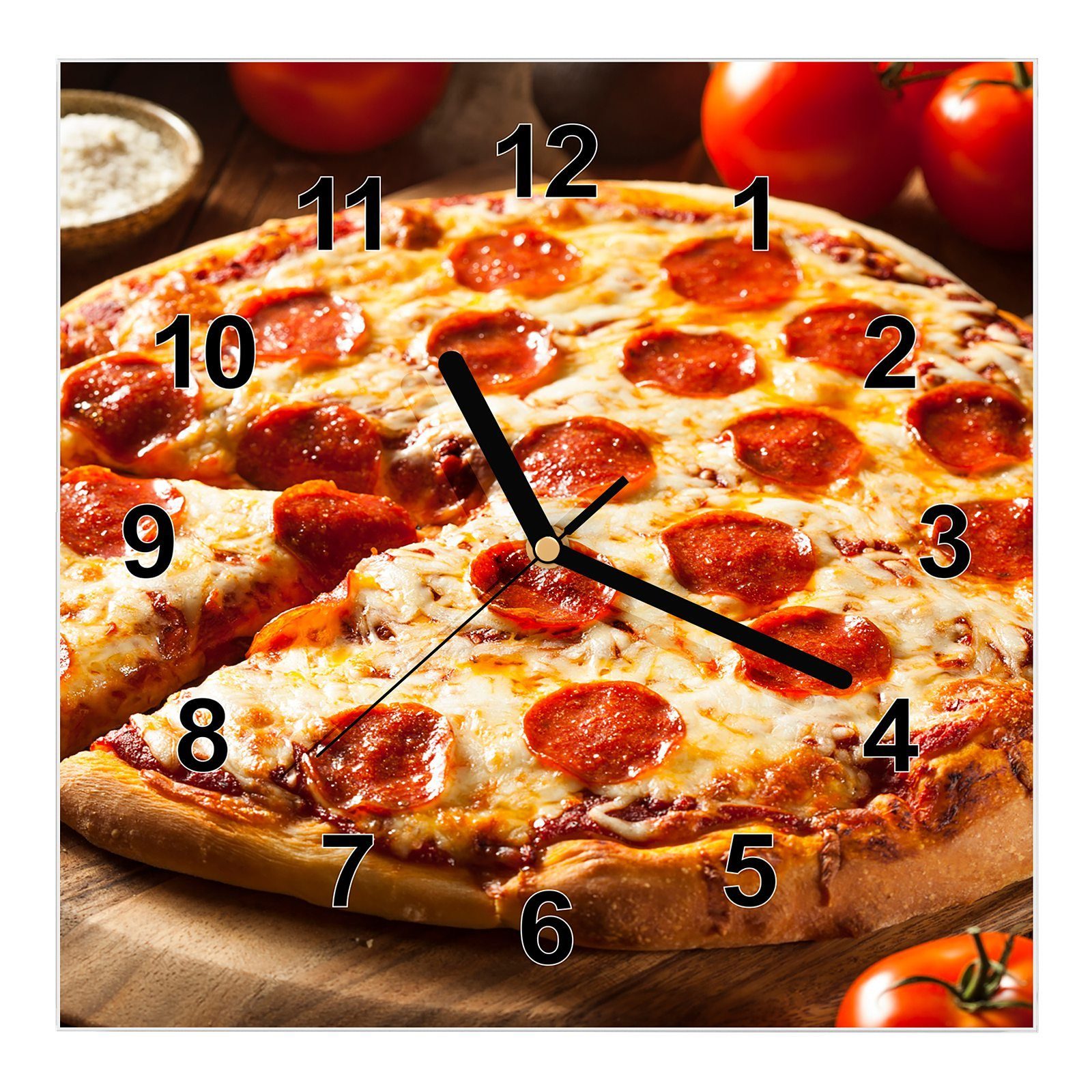 Primedeco Wanduhr Glasuhr Wanduhr Wandkunst Größe 30 x 30 cm mit Motiv Pizza auf Holzplatte