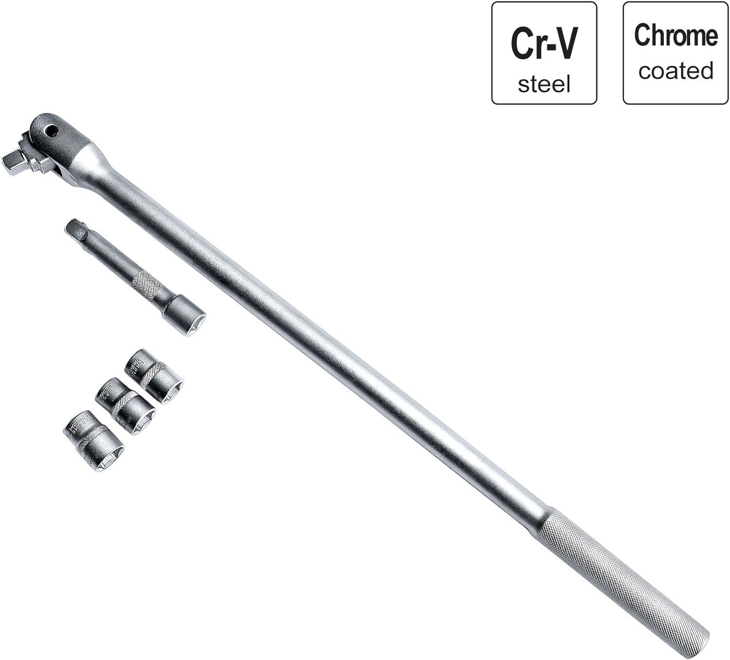 S&R Drehmomentschlüssel Gelenkgriff 1/2", 600 mm, Ø 16 mm, Cr-V- Stahl, 180° schwenkbar (Set, 5 tlg. Gelenkgriff, Verlängerung 125 mm und Stecknüsse 17, 19, 21mm), zur Übertragung höchster Drehmomente in schwer zugänglichen Bereichen