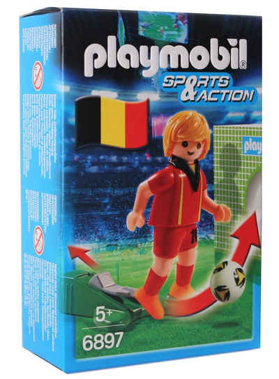 Playmobil® Spielfigur Playmobil Belgien Fußballspieler Figur, (Playmobil Sports & Action Fußballspieler Figur Belgien 6897, 3-tlg., Spielfigur, einen Ball und eine Torwand aus Kartonage)