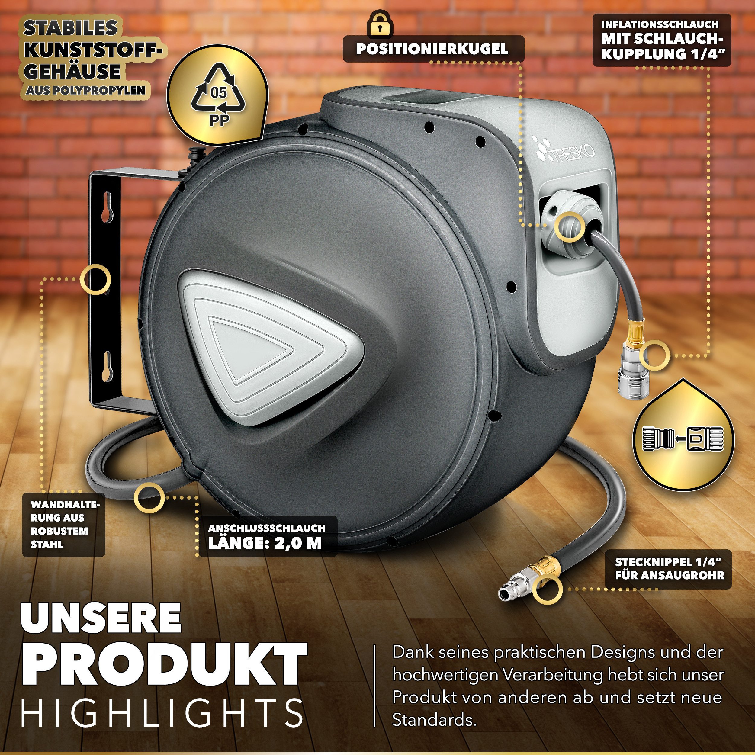 TRESKO Schlauchbox Druckluftschlauch Aufroller Automatik 10 - 30m, Druckluftschlauch-trommel – Bild 4 von 5