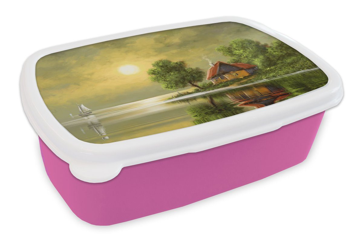 MuchoWow Lunchbox Gemälde - Ölfarbe - Haus - Natur - Wasser, Kunststoff, (2-tlg), Brotbox für Erwachsene, Brotdose Kinder, Snackbox, Mädchen, Kunststoff rosa