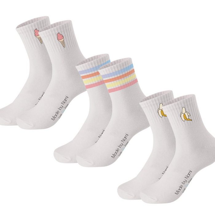 Made by Nami Socken Crew Socks Tennissocken weiß - Print - Baumwolle (3-Paar) 41-44 atmungsaktiv