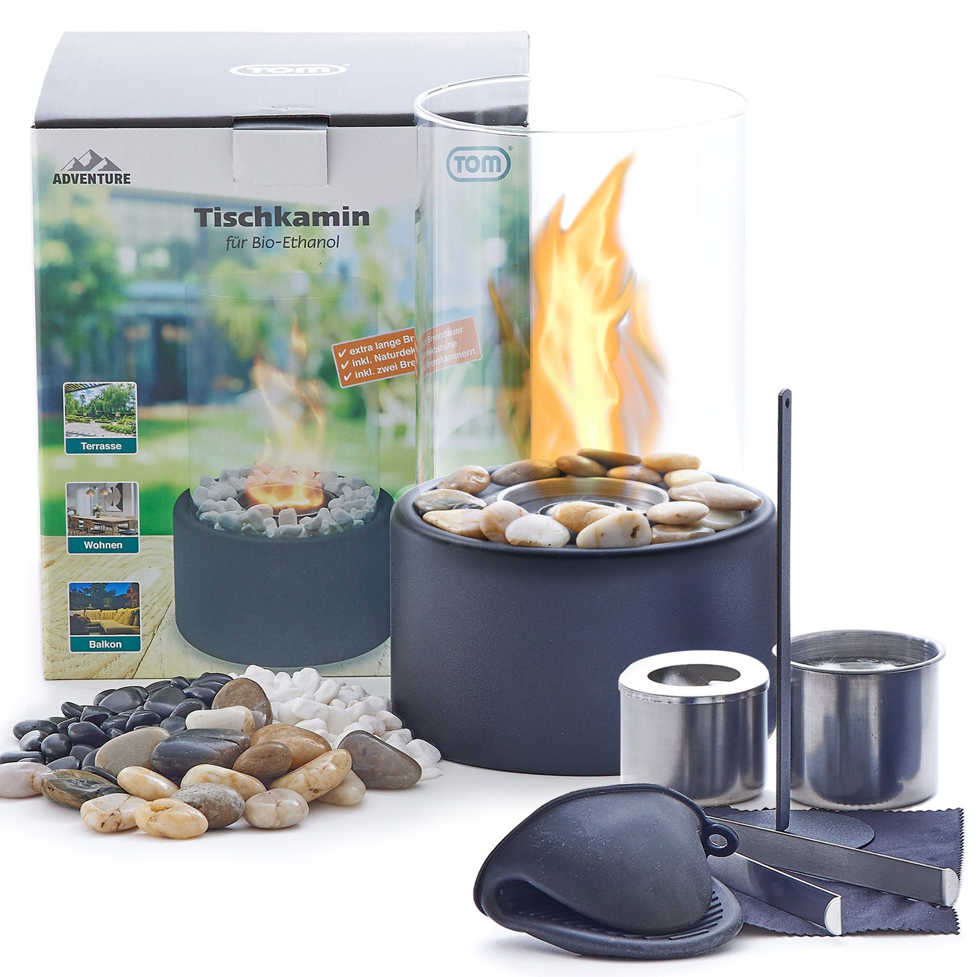 TOM Tischfeuer Tischkamin Bio Ethanol Rund Komplett Set mit Dekosteine (14-St), Standfuß