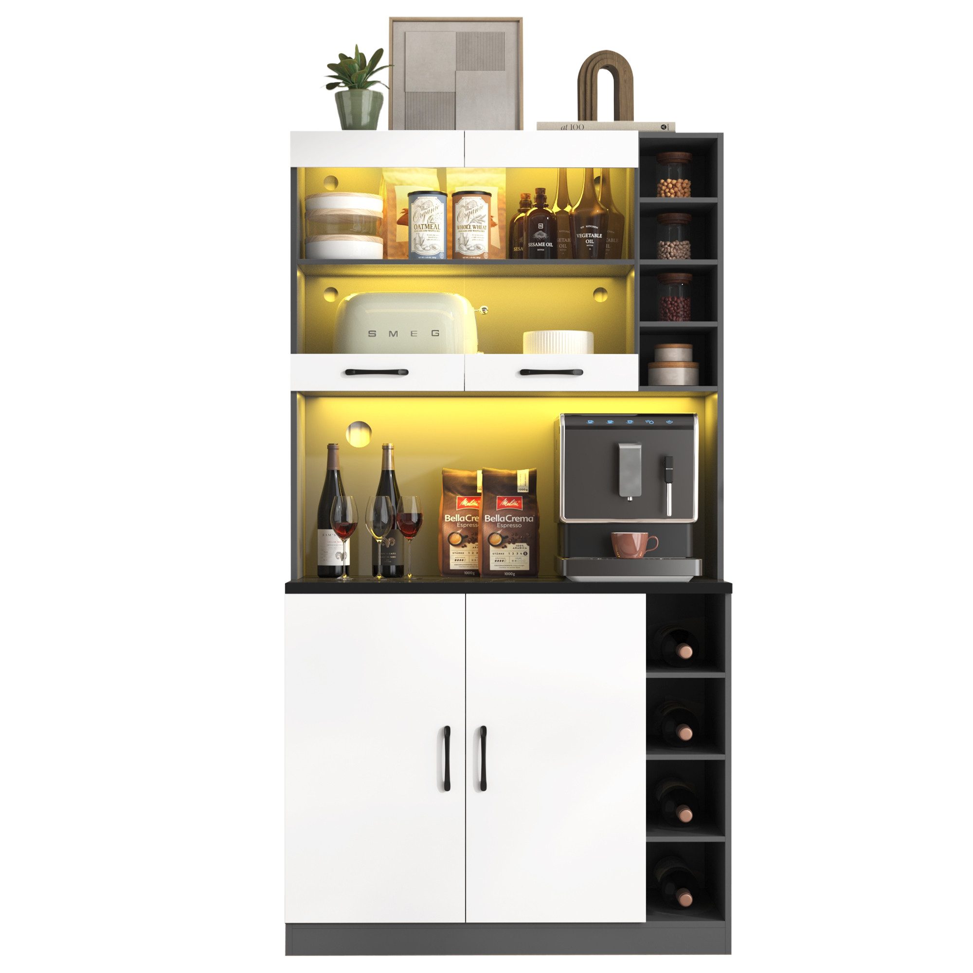 Ulife Küchenbuffet Küchenschrank, Buffet mit LED-Ambiente-Beleuchtung und Kabellöchern Küchen-Highboard aus Holz, viel Platz für Mikrowelle