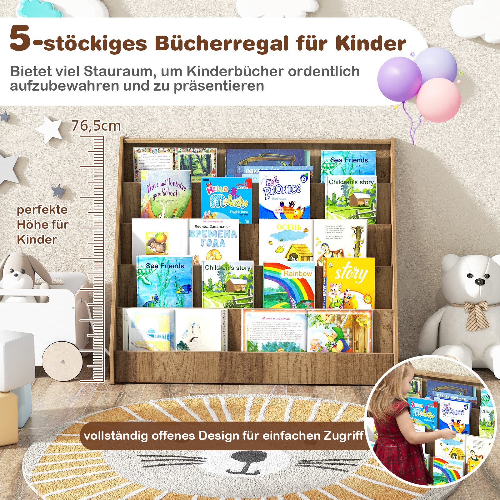 KOMFOTTEU Bücherregal, 5-stufiges Kinderregal mit tiefen Fächern