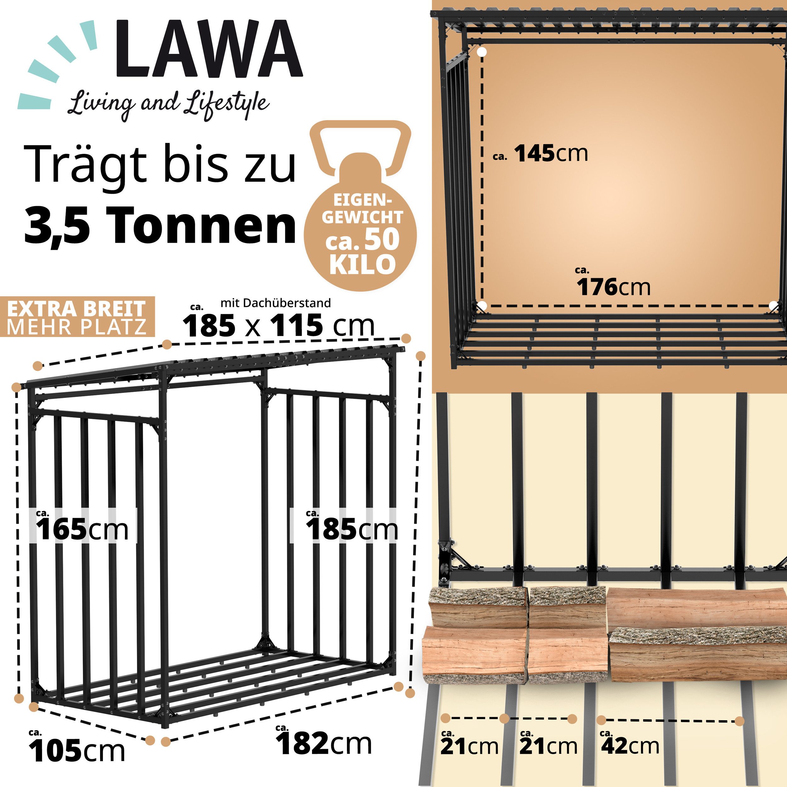 LAWA Living and Lifestyle Kaminholzregal Metall 1m tief für aussen mit Dach günstig online kaufen