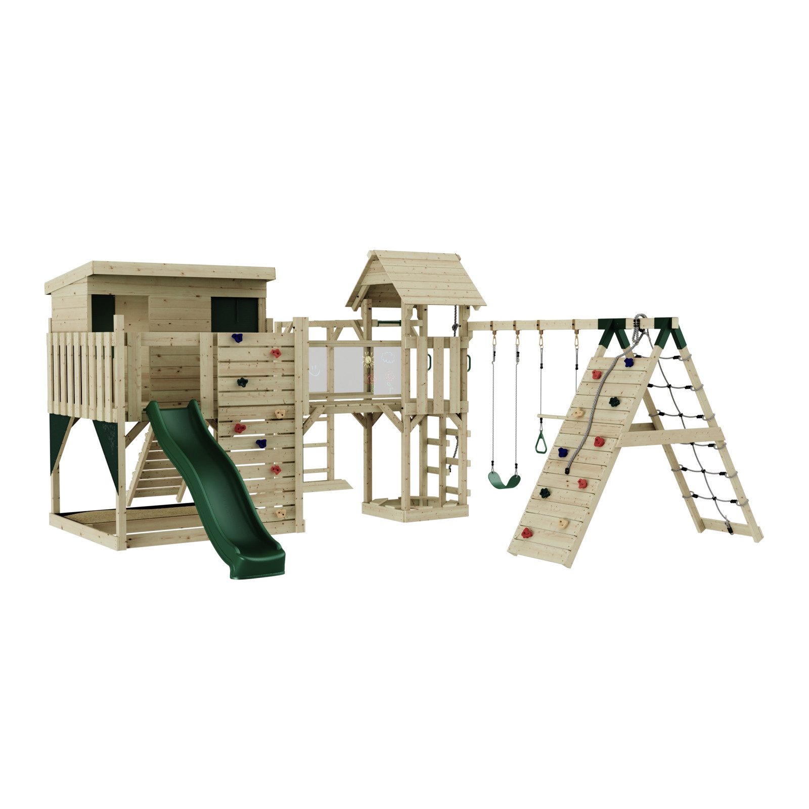 OutdoorToys Spielturm Malin, aus Holz in Dunkelgrün mit Trapezschaukel mit Rutsche, Kletterwand
