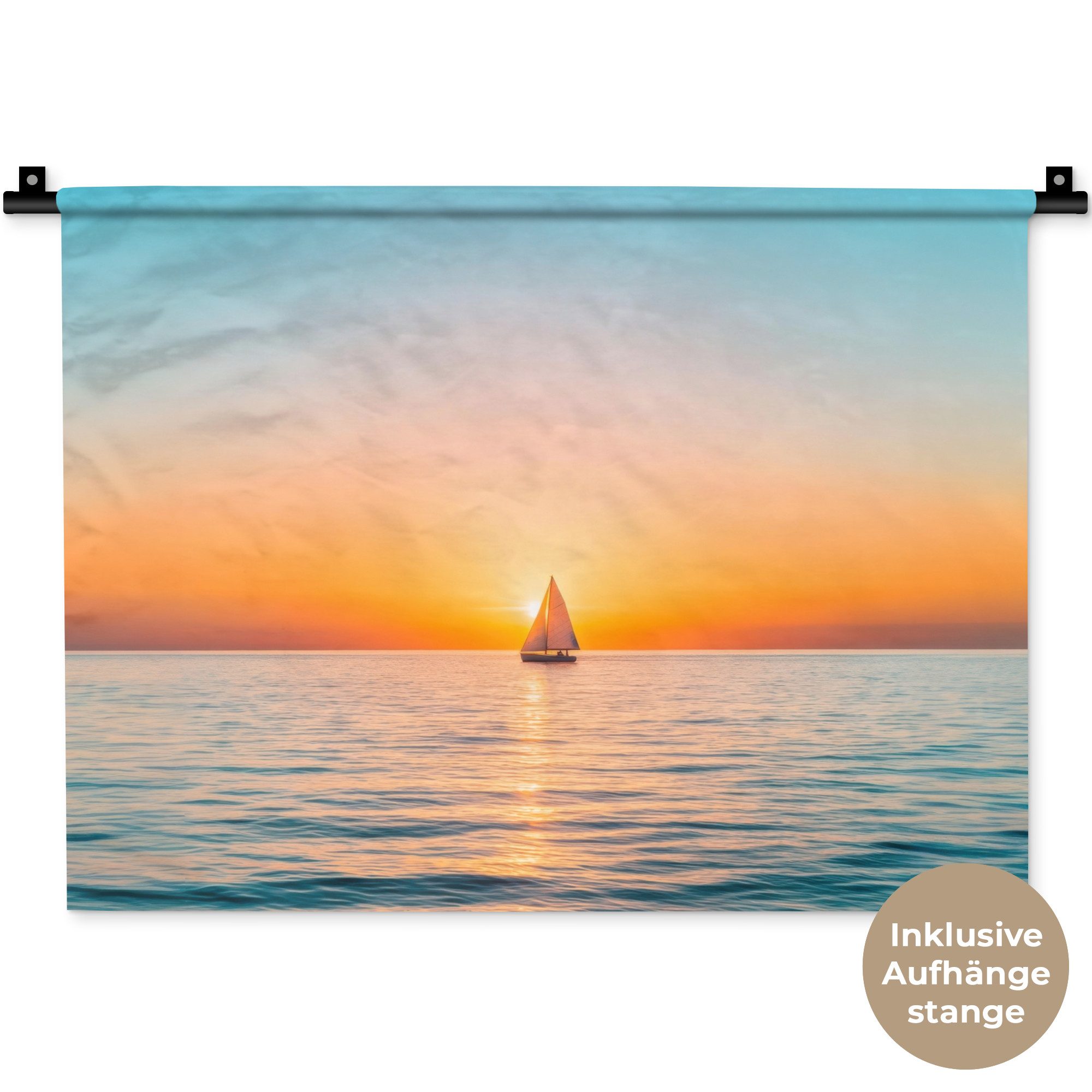 MuchoWow Wandteppich Meer - Segelboot - Sonnenuntergang, Rechteckig, Höhe: 3 mm, Wanddeko Teppich Wohnzimmer, Schlafzimmer, 60x45 cm