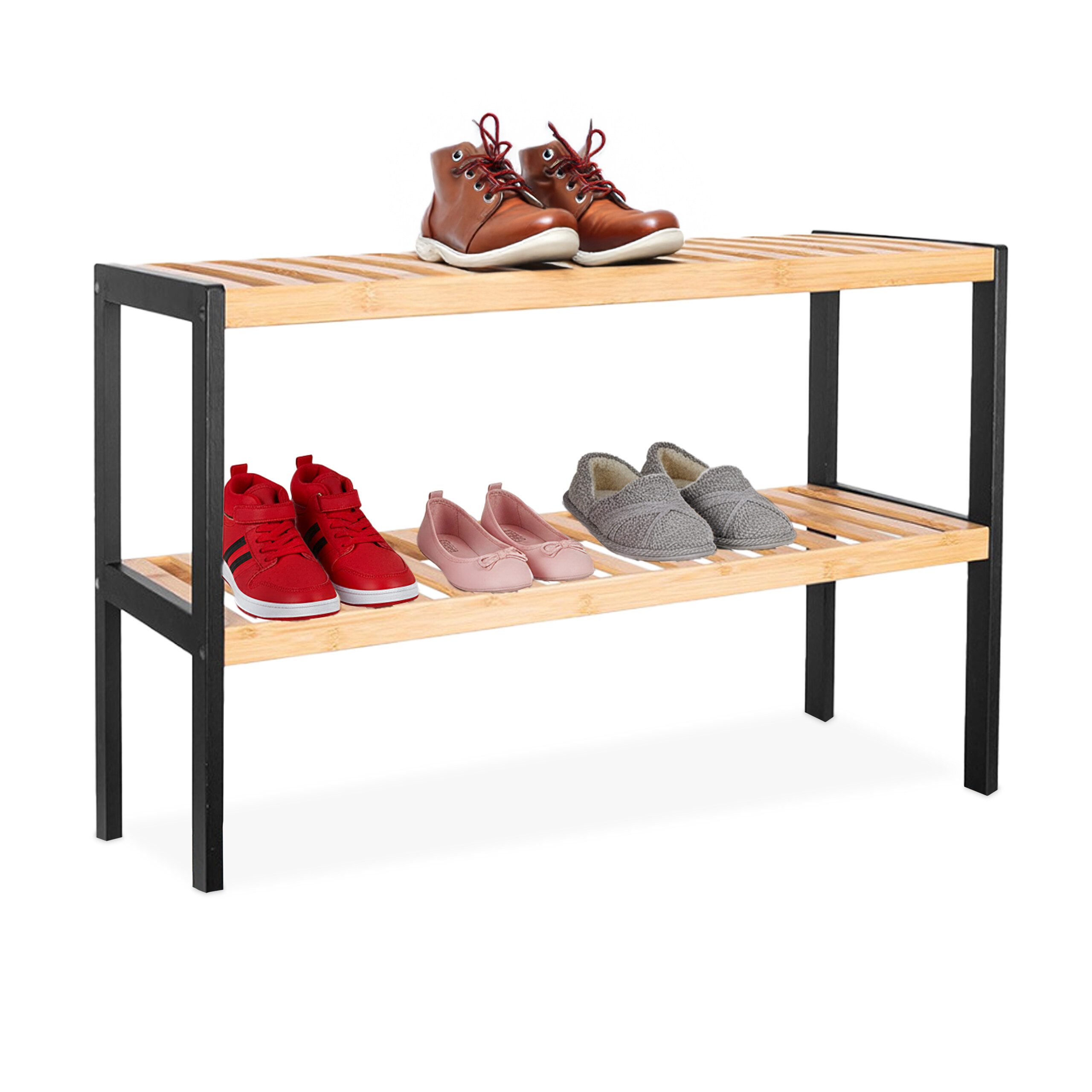 relaxdays Schuhregal aus Bambus, 1-tlg., Natur-Schwarz, 2 Ablagen