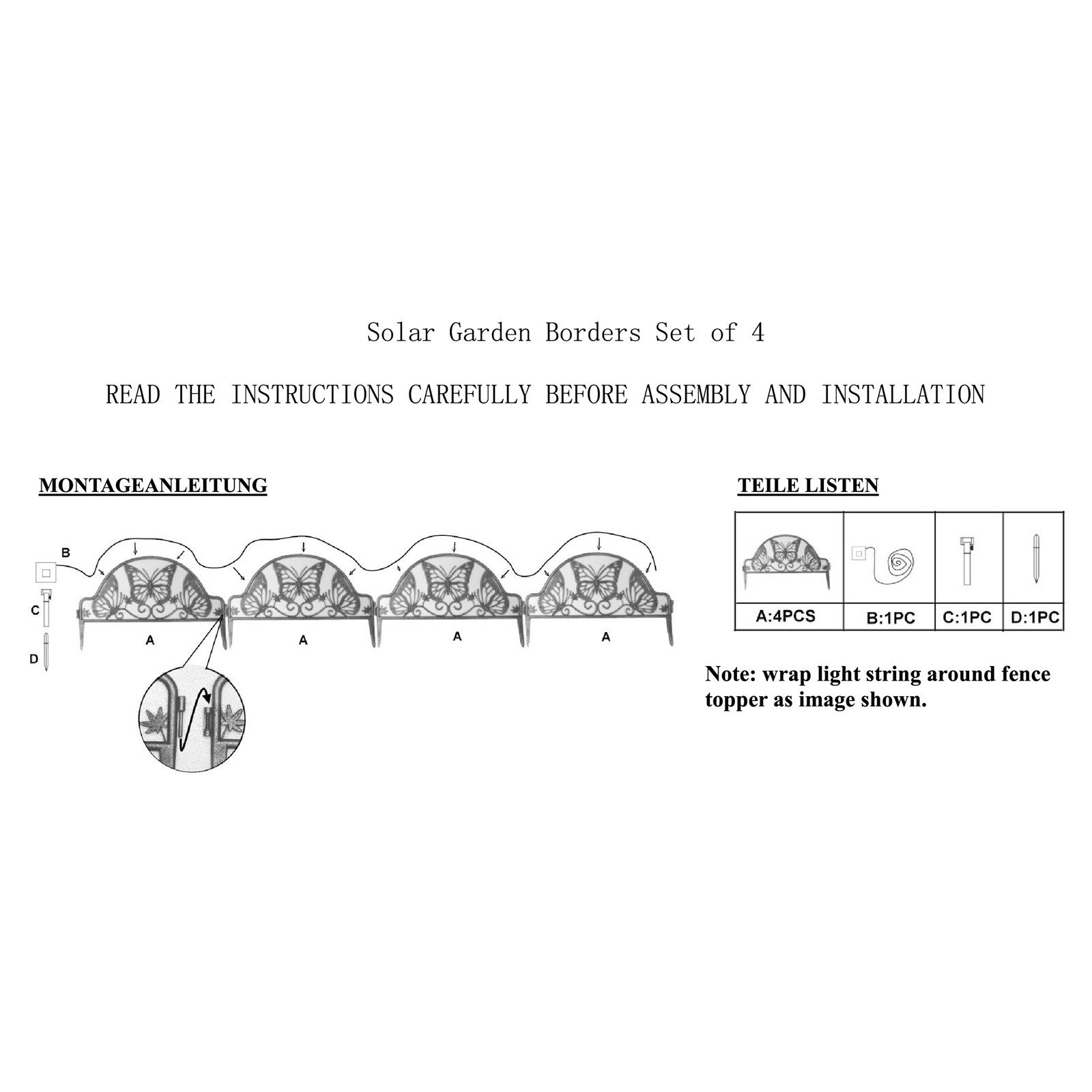 HTI-Living Zierzaun Zierzaun Nessa Solar Schmetterling 4-teilig Braun, (Stück, 4-St., 4 Zaunelemente inkl. Solarbeleuchtung), Beeteinfassung Kunststoff witterungsbeständig